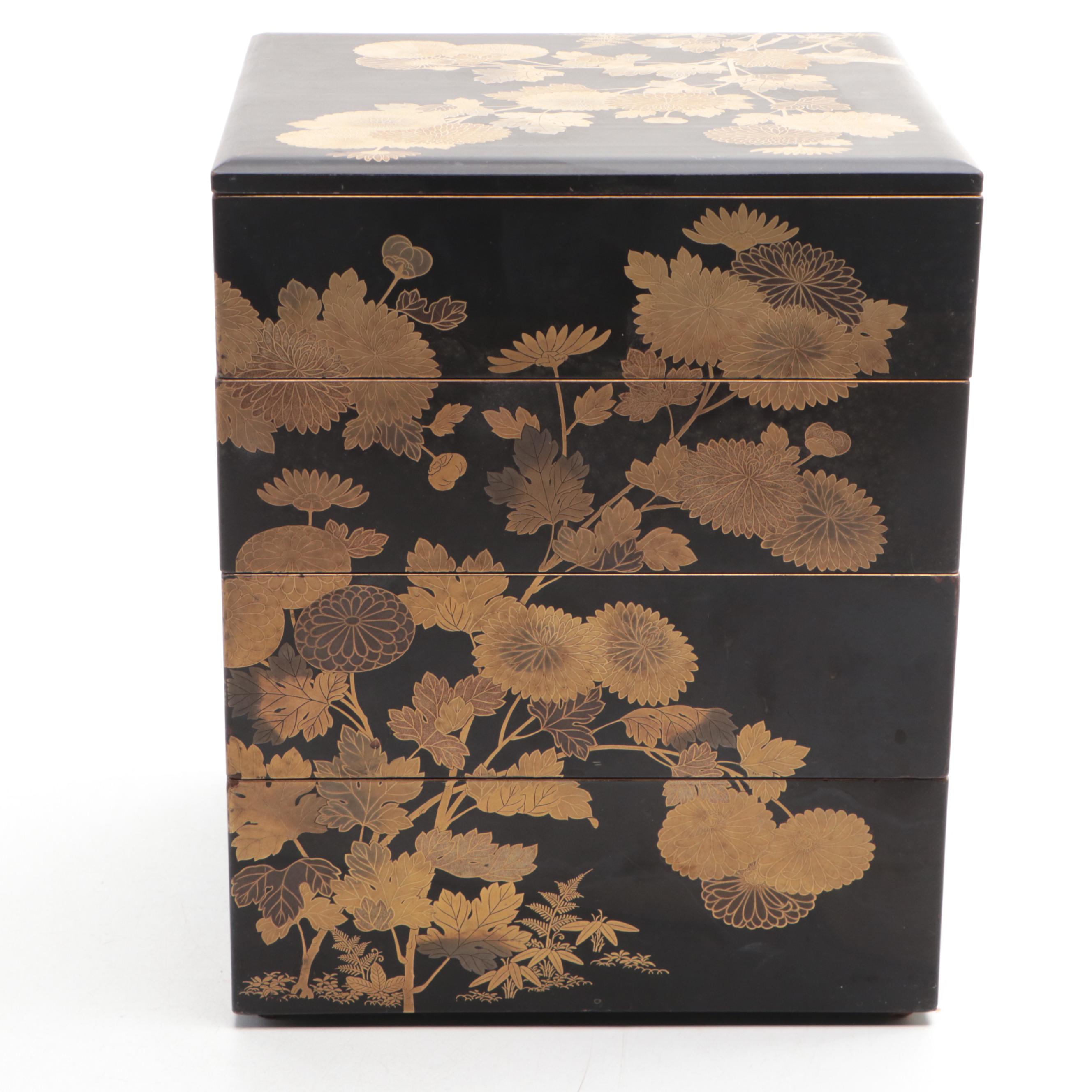 Japanese Jubako Gold and Black Lacquerware Stacking Box Set