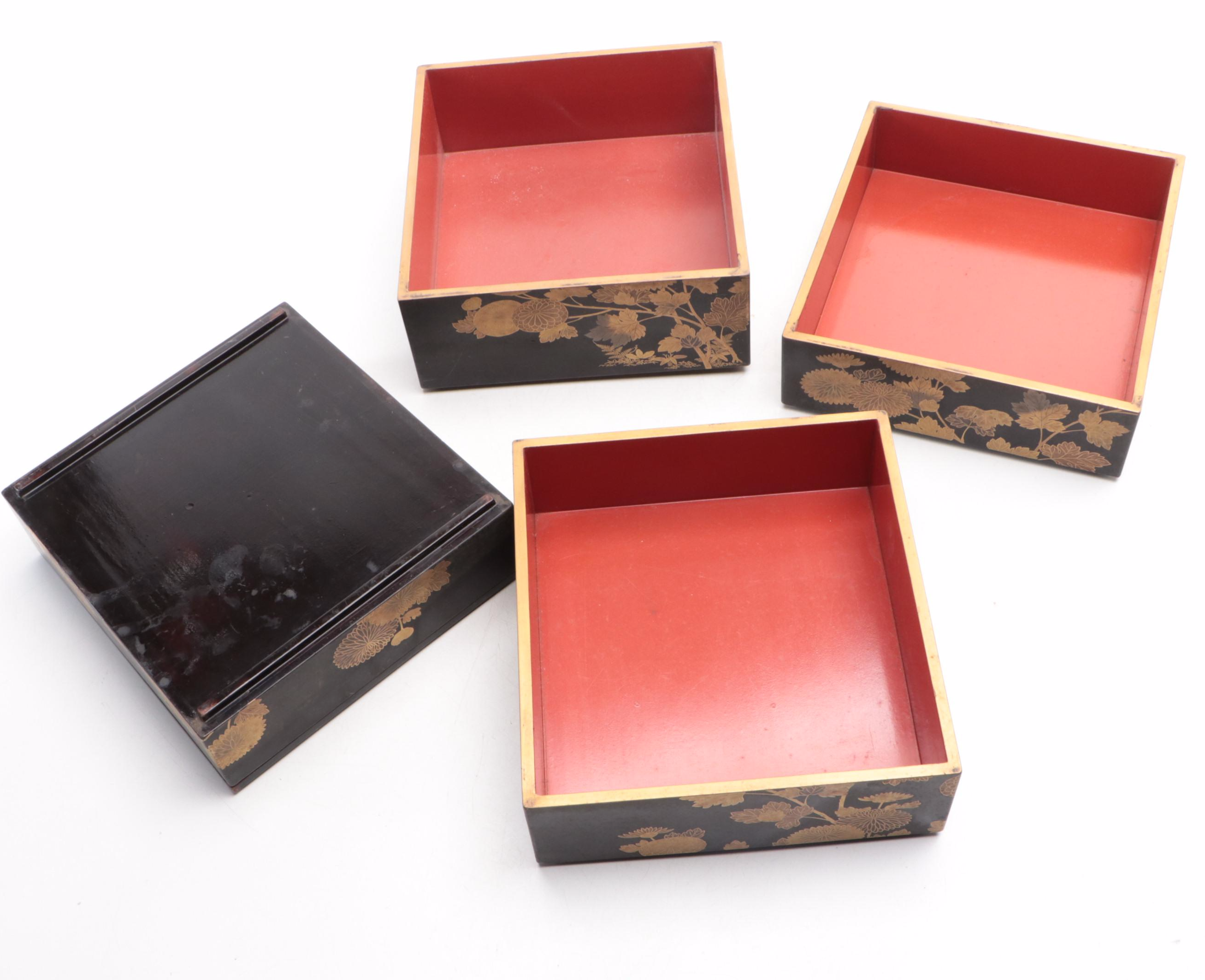 Japanese Jubako Gold and Black Lacquerware Stacking Box Set