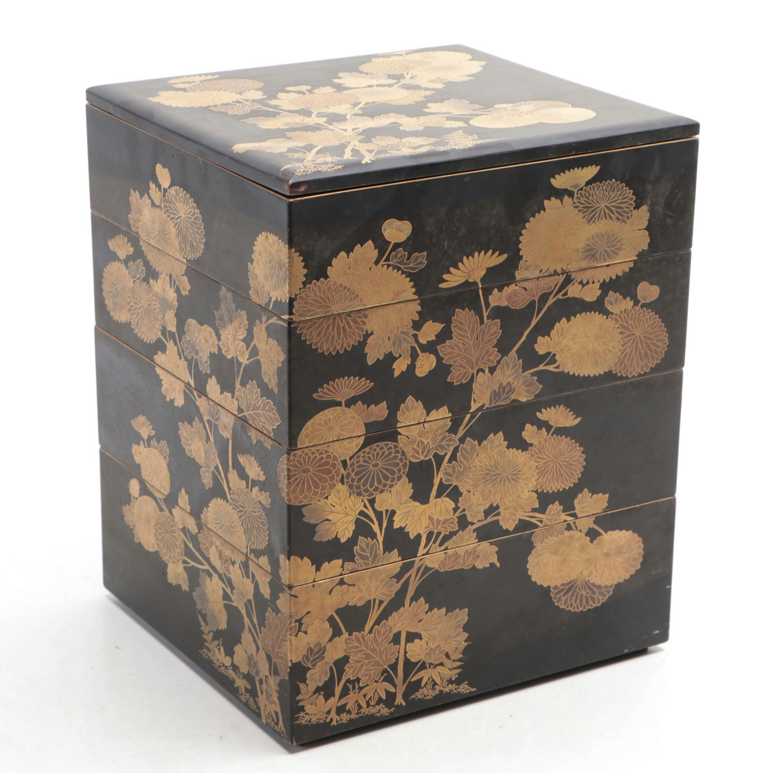 Japanese Jubako Gold and Black Lacquerware Stacking Box Set