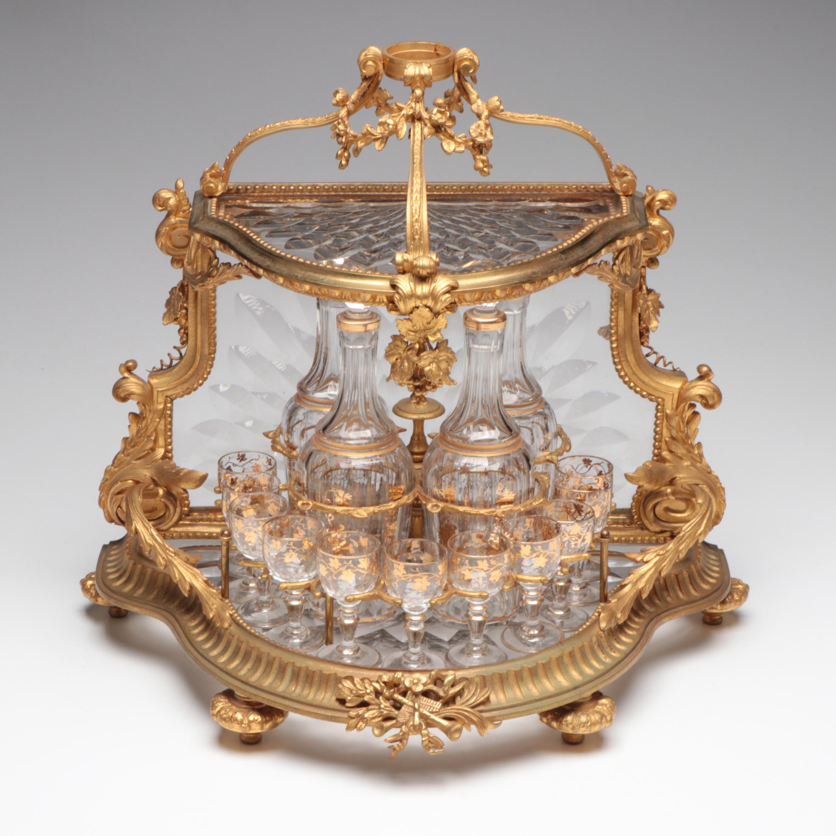 French Gilt Bronze and Crystal Four-Bottle Cave à Liqueur Set, 19th C.