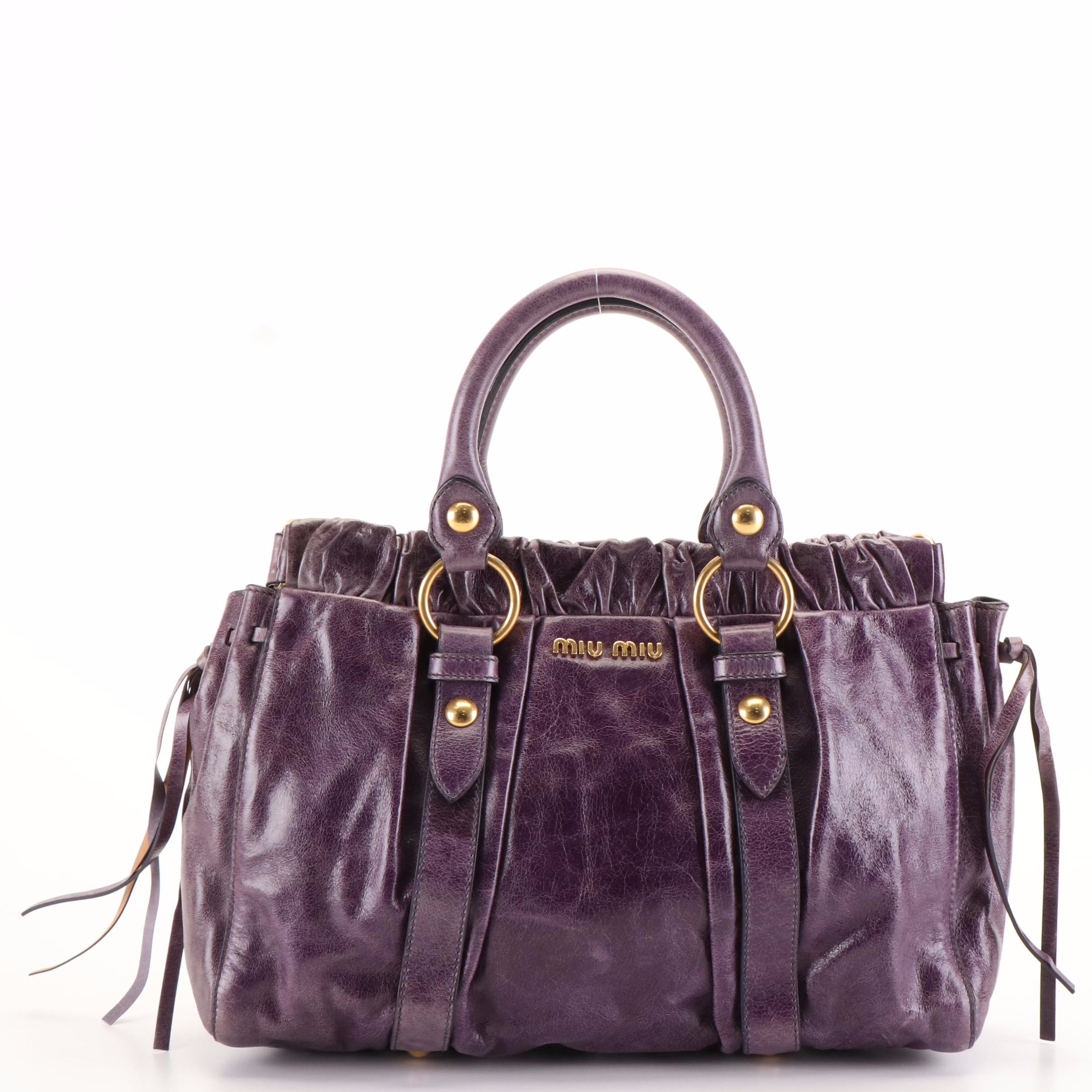 Miu Miu Top Handle Shopping Bag in Purple Vitello Lux Leather