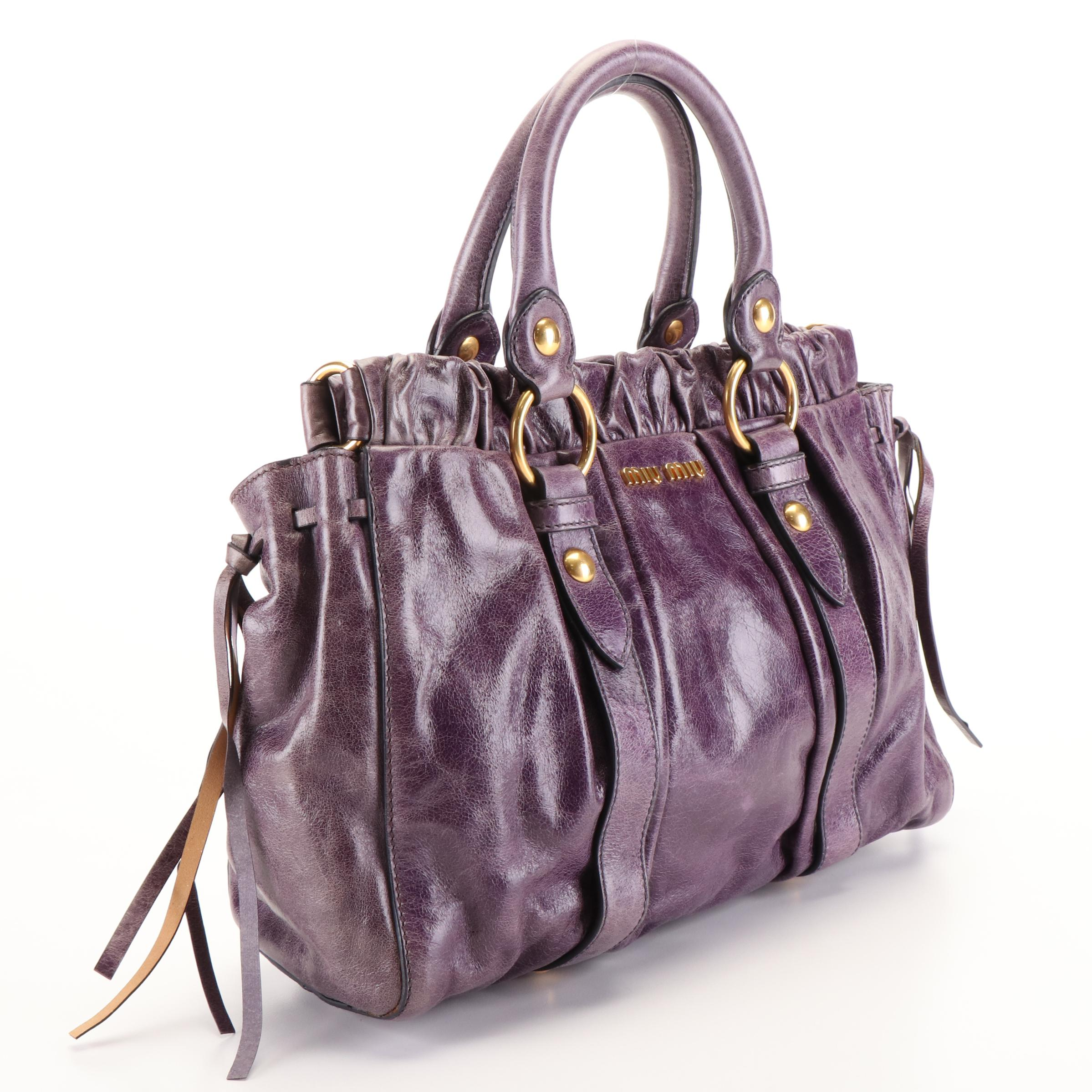 Miu Miu Top Handle Shopping Bag in Purple Vitello Lux Leather