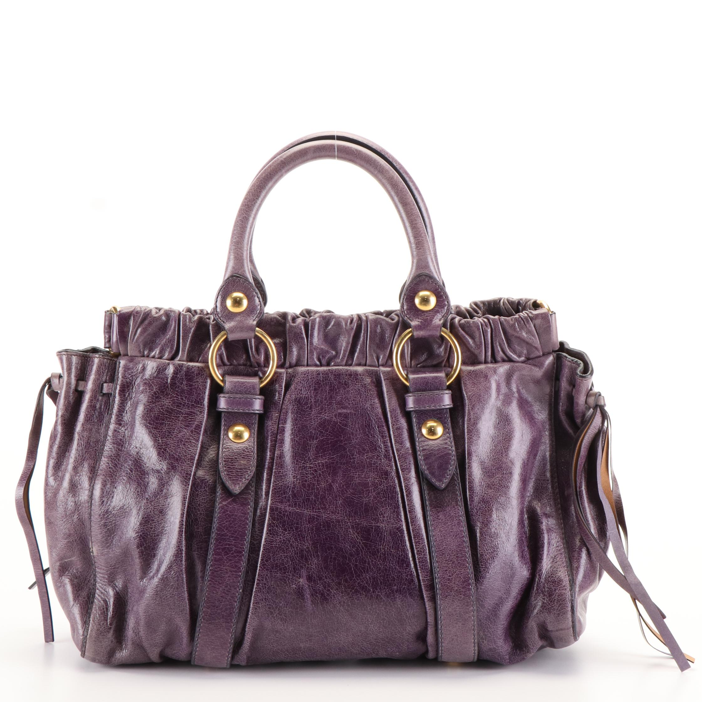 Miu Miu Top Handle Shopping Bag in Purple Vitello Lux Leather