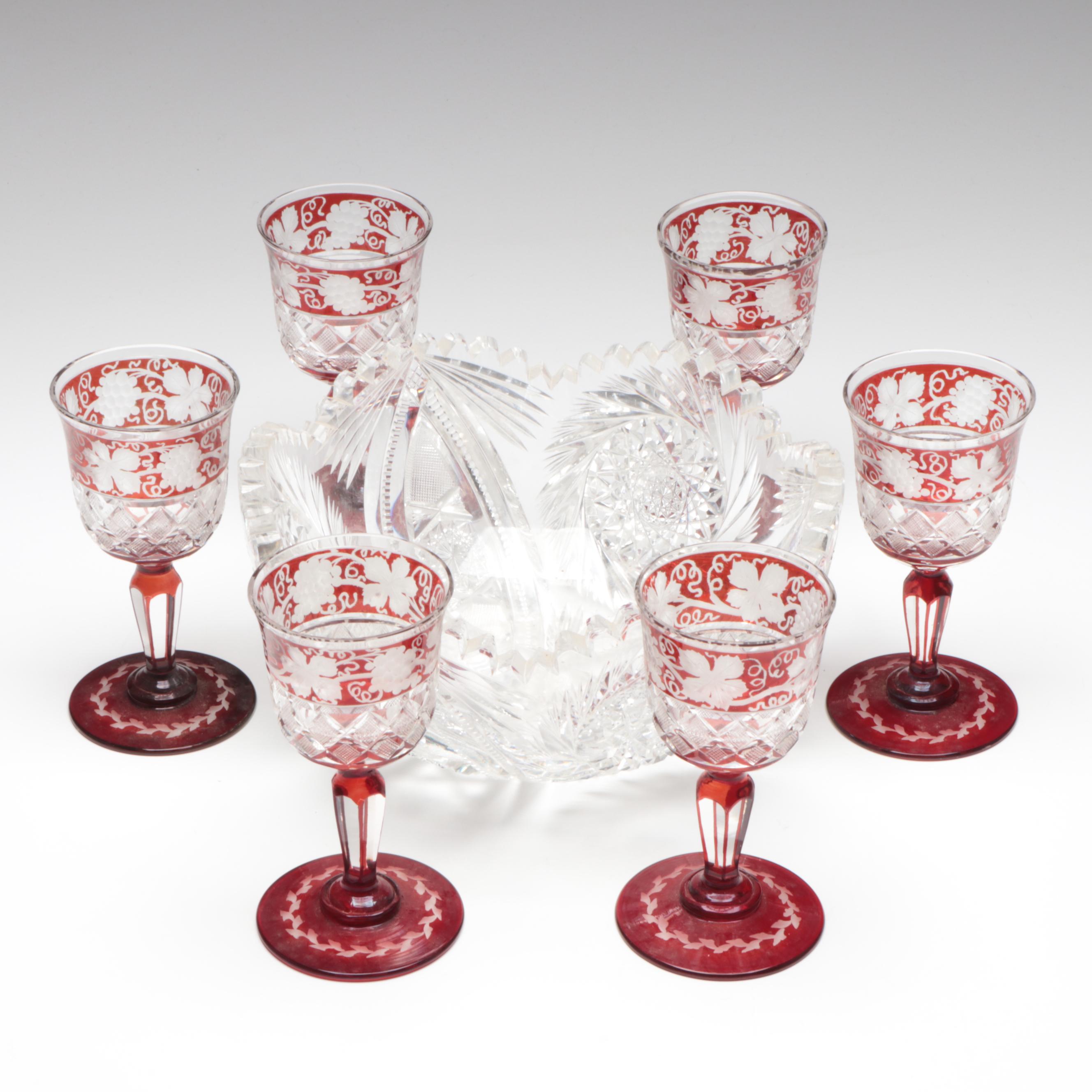 Bohemian Style Ruby Etched to Clear Wine Glasses with Brilliant Style Bowl
