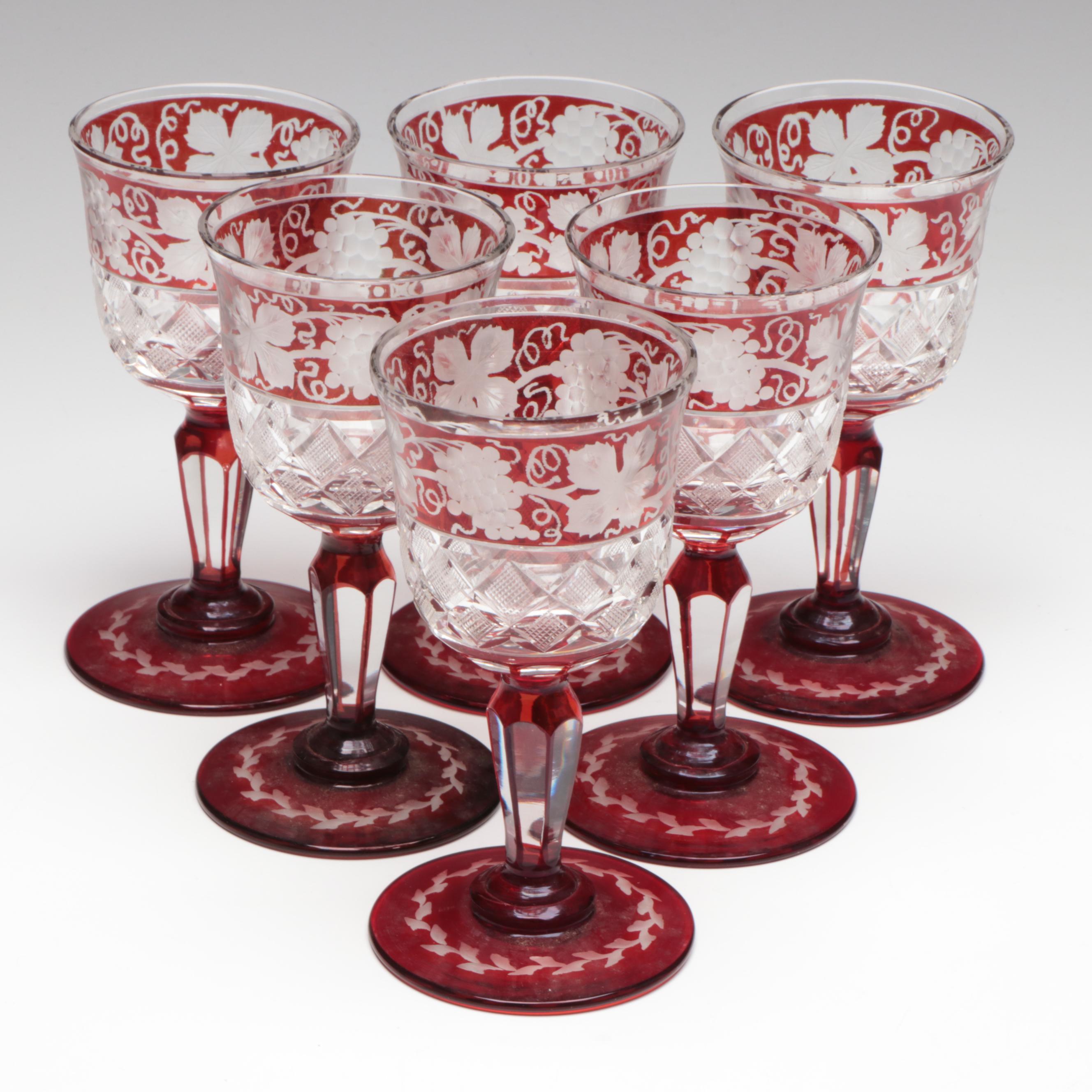 Bohemian Style Ruby Etched to Clear Wine Glasses with Brilliant Style Bowl