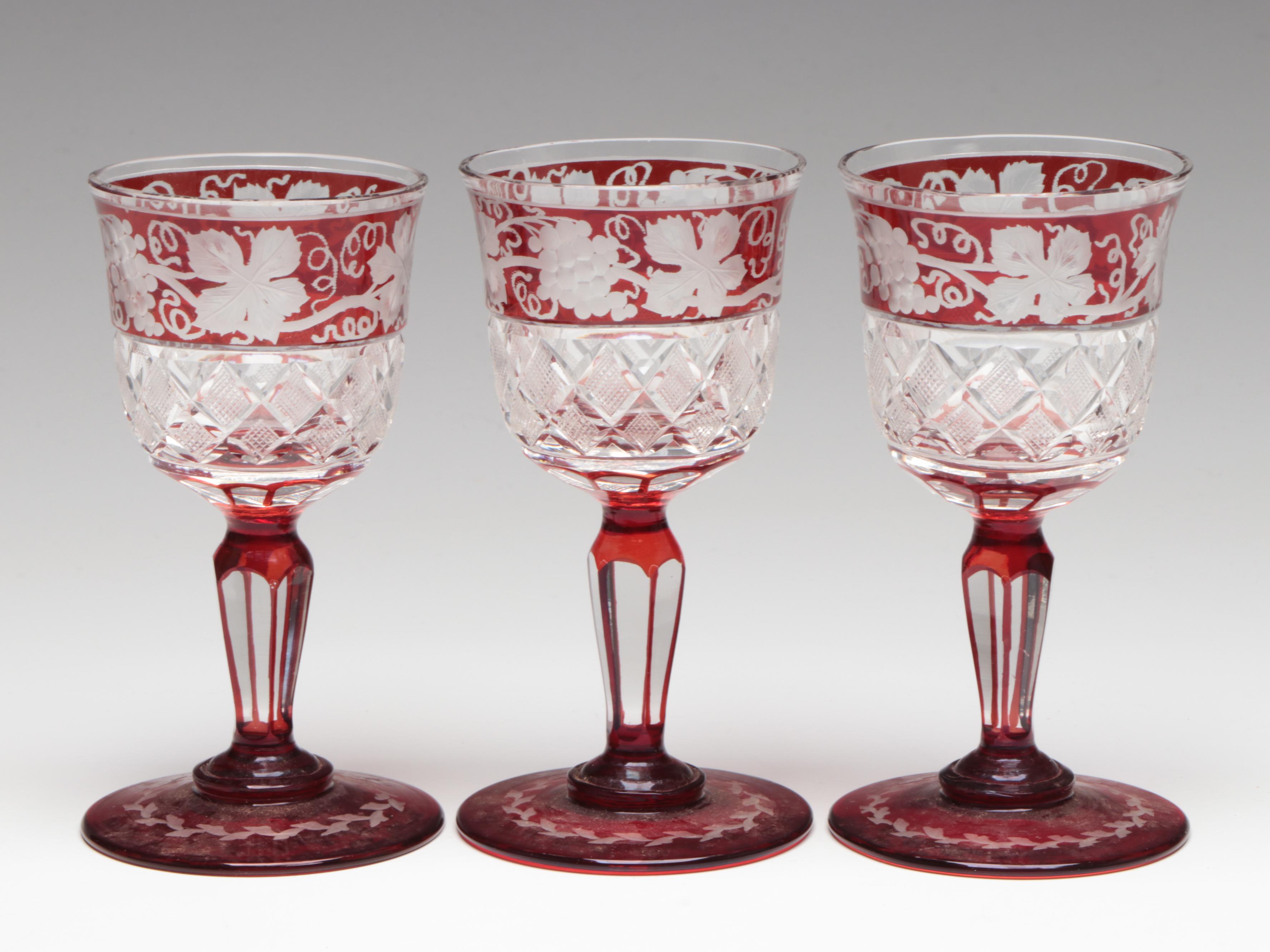 Bohemian Style Ruby Etched to Clear Wine Glasses with Brilliant Style Bowl