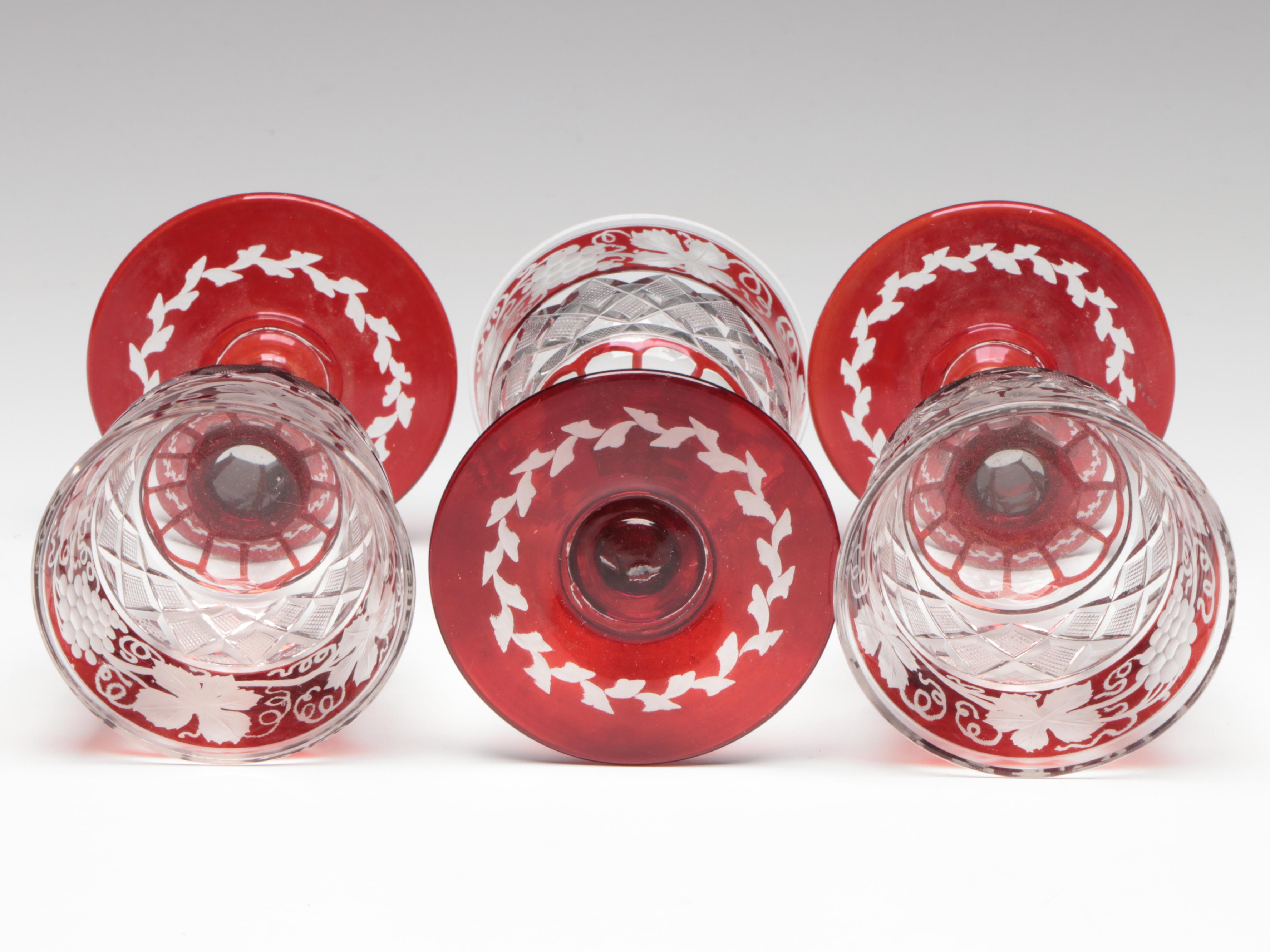 Bohemian Style Ruby Etched to Clear Wine Glasses with Brilliant Style Bowl
