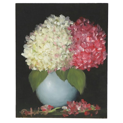 Thuthuy Tran Floral Still Life Oil Painting "Red and White Hydrangeas" Thuthuy Tran Floral Still Life Oil Painting "Red and White Hydrangeas"