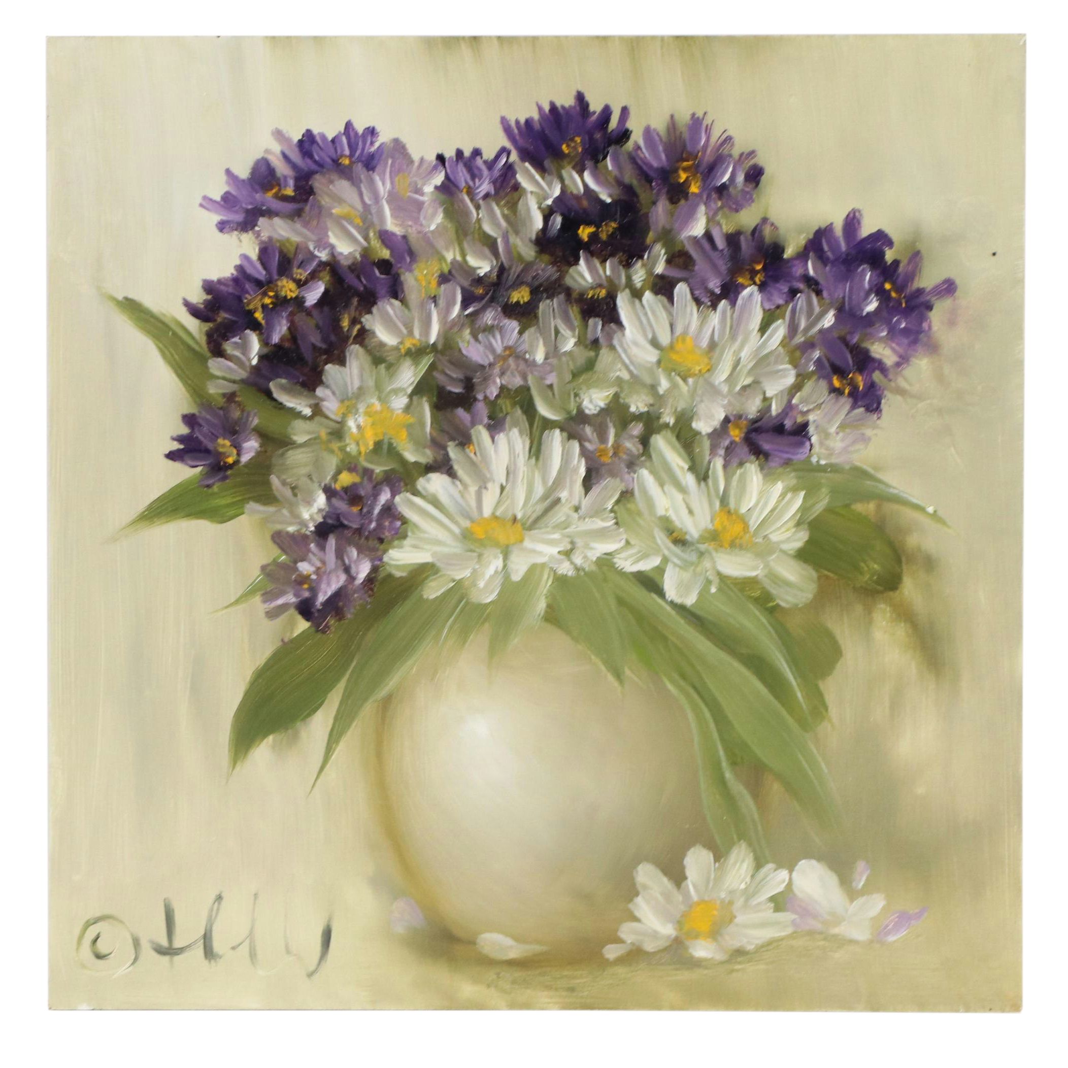 Thuthuy Tran Floral Still Life Oil Painting "Violet Asters and Daisies"