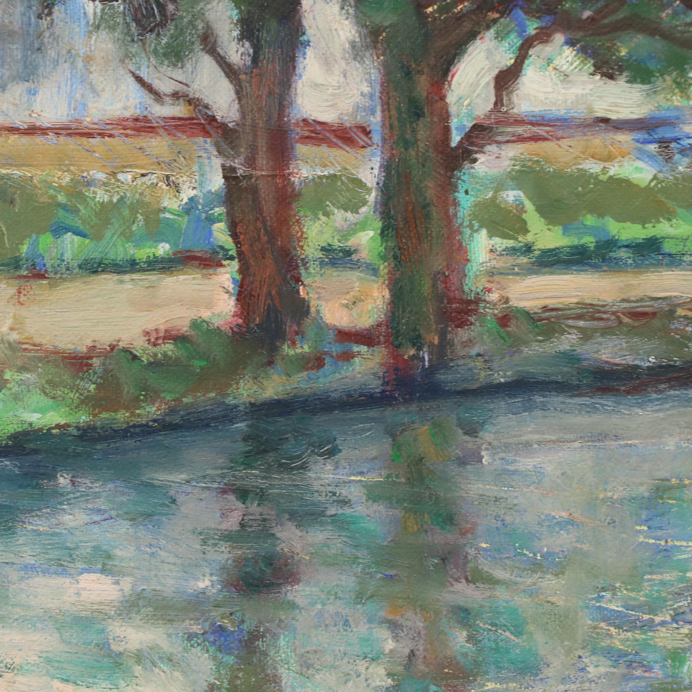 River Landscape Oil Painting "Riverwalk Lu Mansion," 1987 Everything