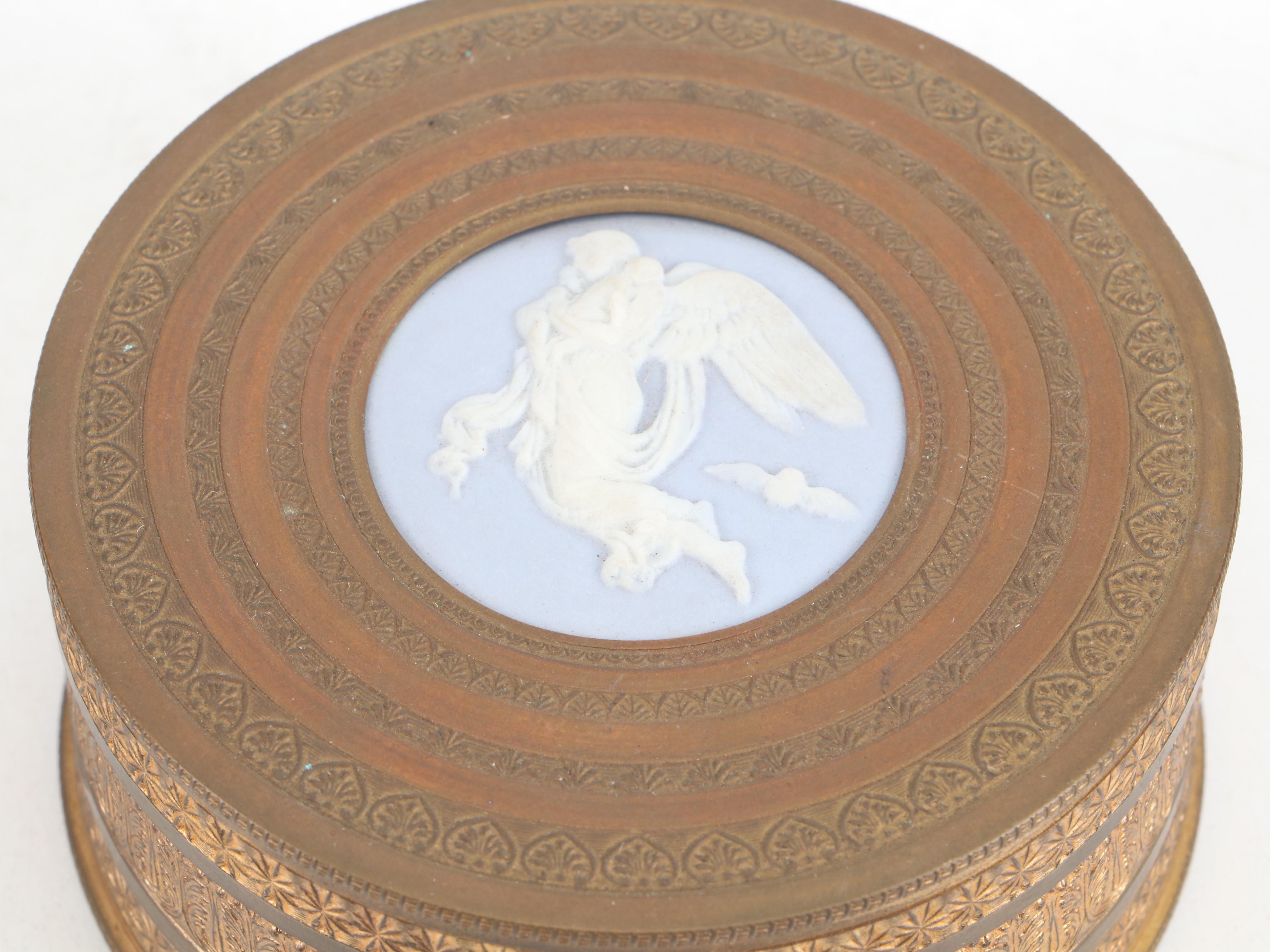 Neoclassical Engine Turned Brass Box Inset With Jasperware Plaque