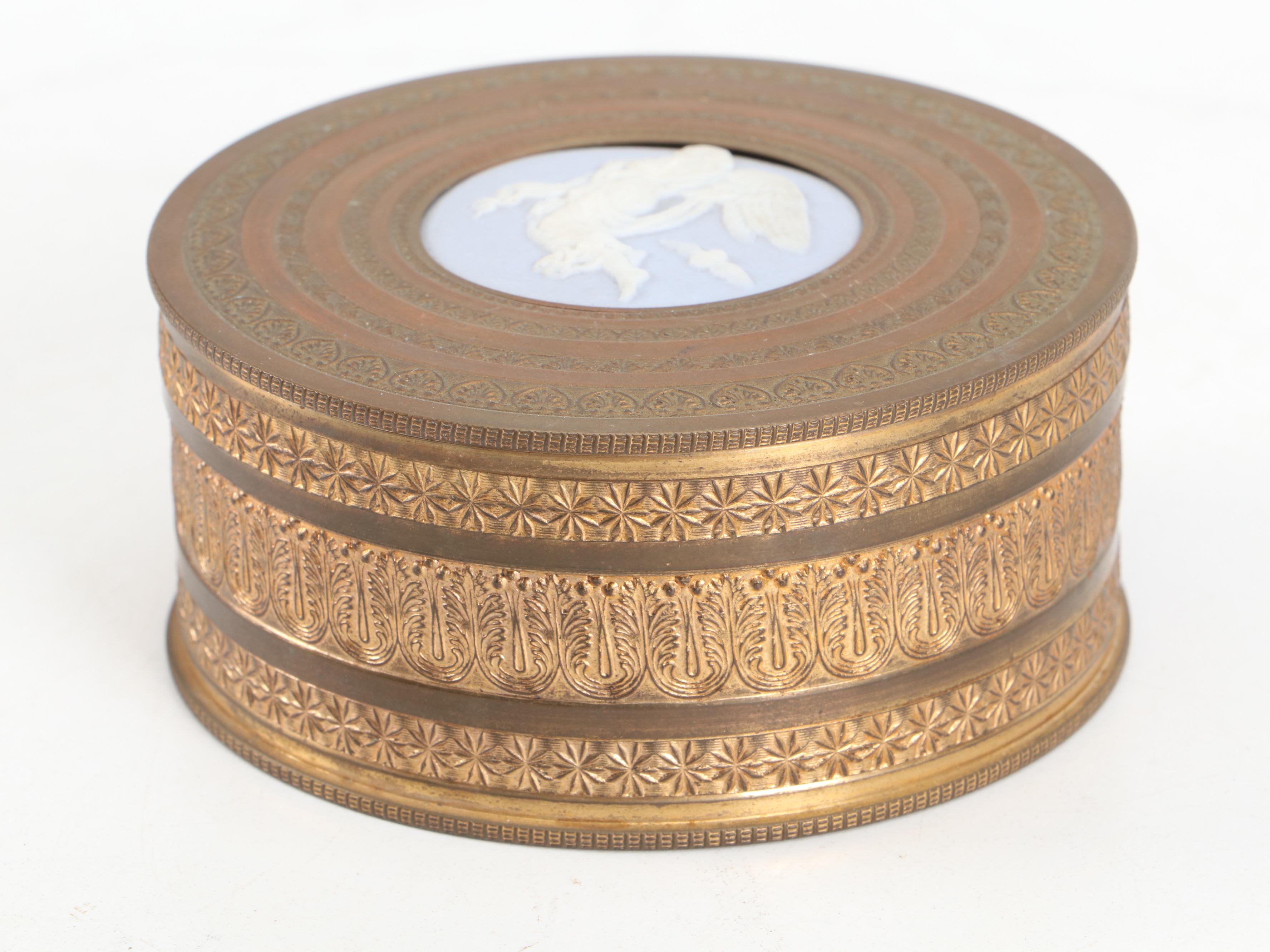 Neoclassical Engine Turned Brass Box Inset With Jasperware Plaque