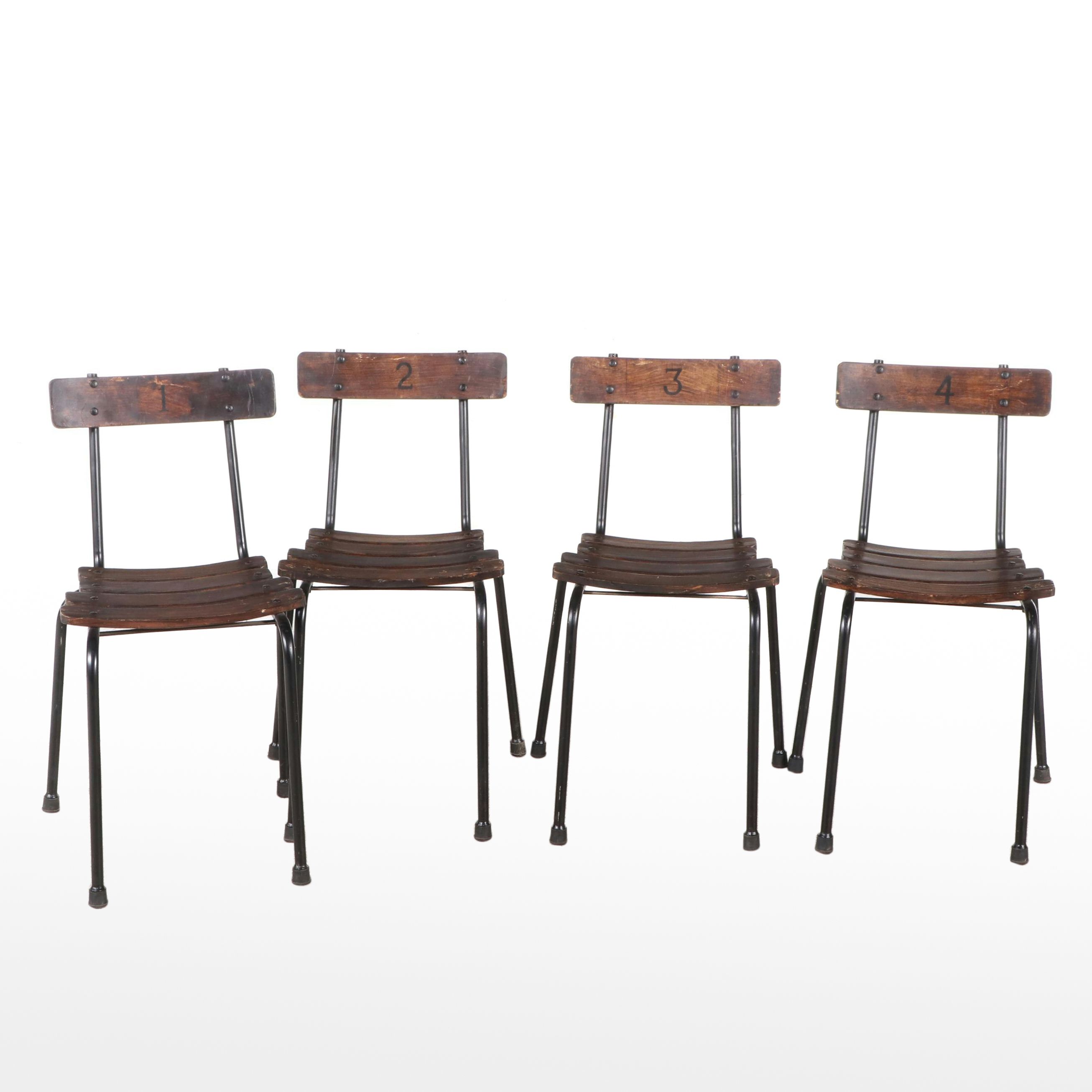 Set of Four Wood Slat and Metal School Chairs, Mid-20th Century