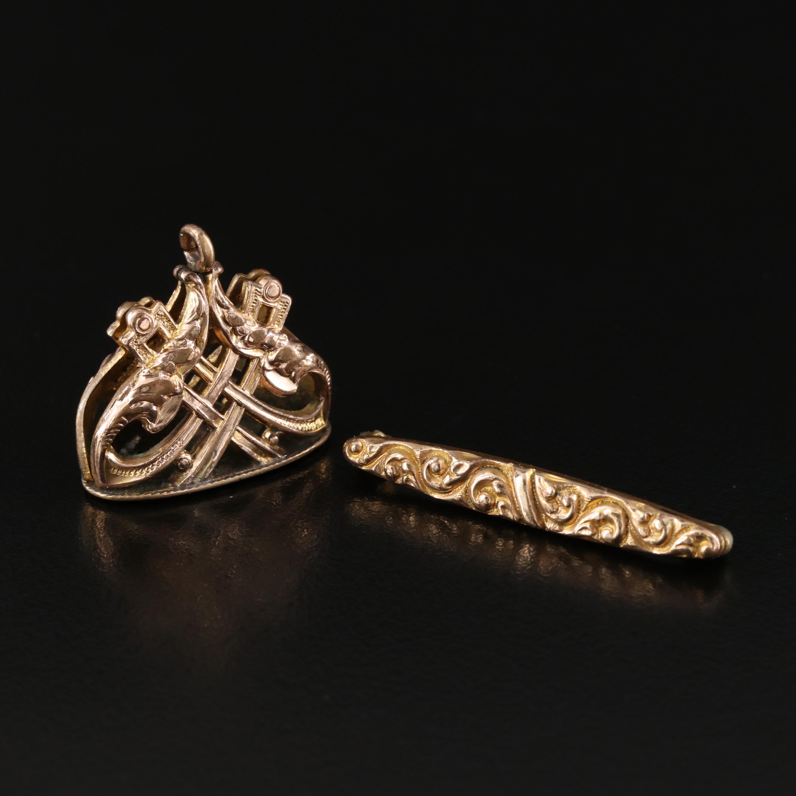 Vintage Fob and Bar Pin with Scroll Design