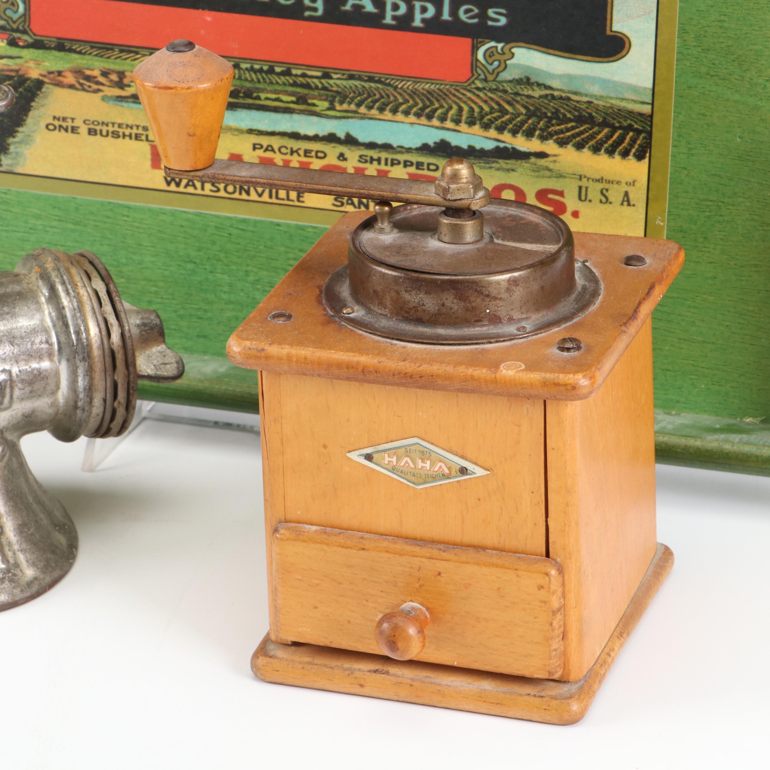 Haha German Coffee Grinder with Meat Grinder & Vintage Advert Style Serving Tray