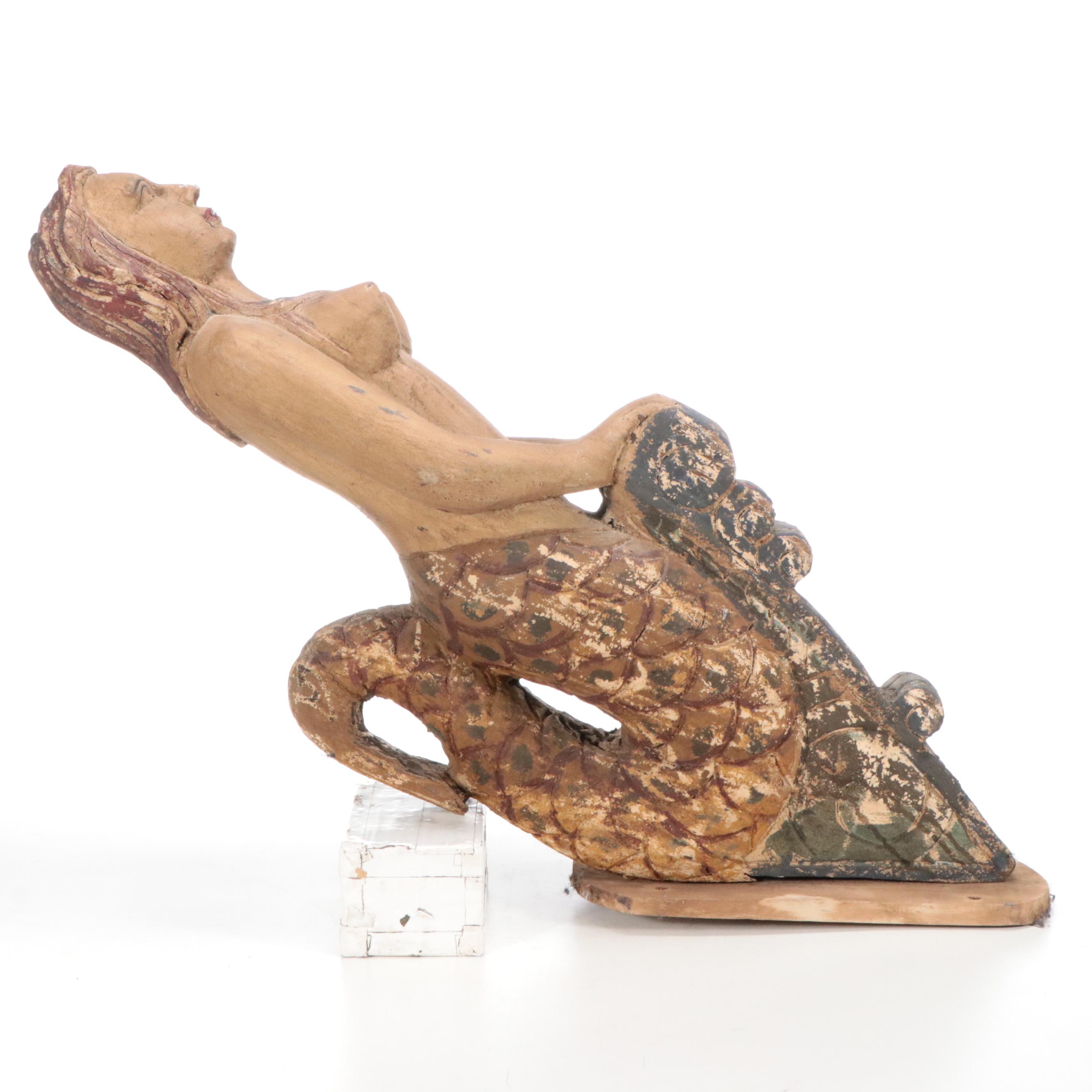 Hand-Carved Polychromed Mermaid Boat Figurehead