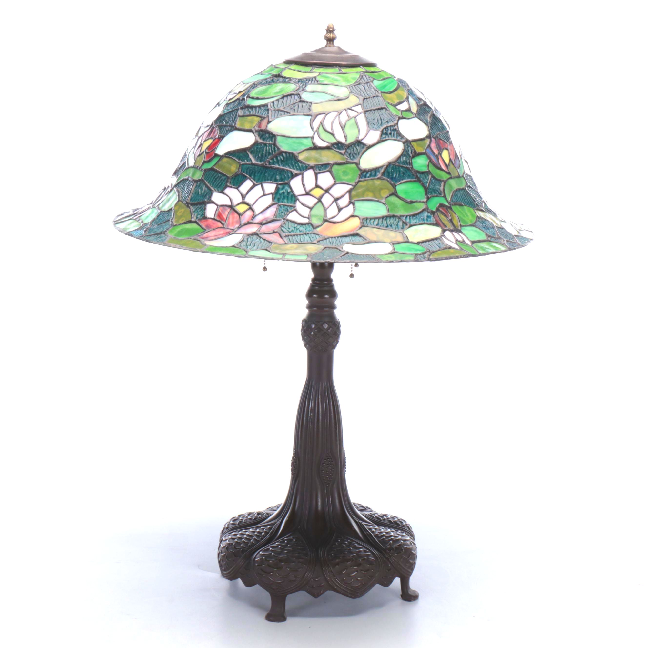 Bronzed Spelter Table Lamp with Pond Lilies Slag Glass Shade
