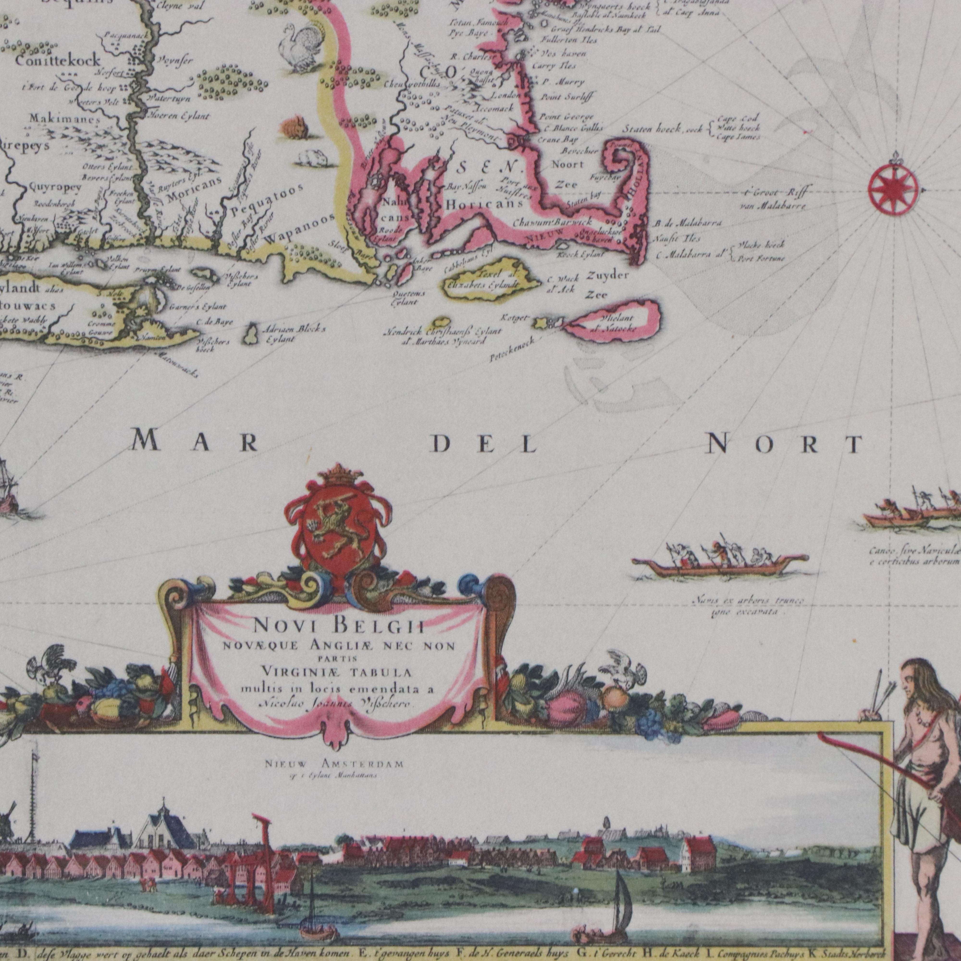 Collotype After 17th Century Nicolao Visscher  Map of New England "Mar Del Nort"