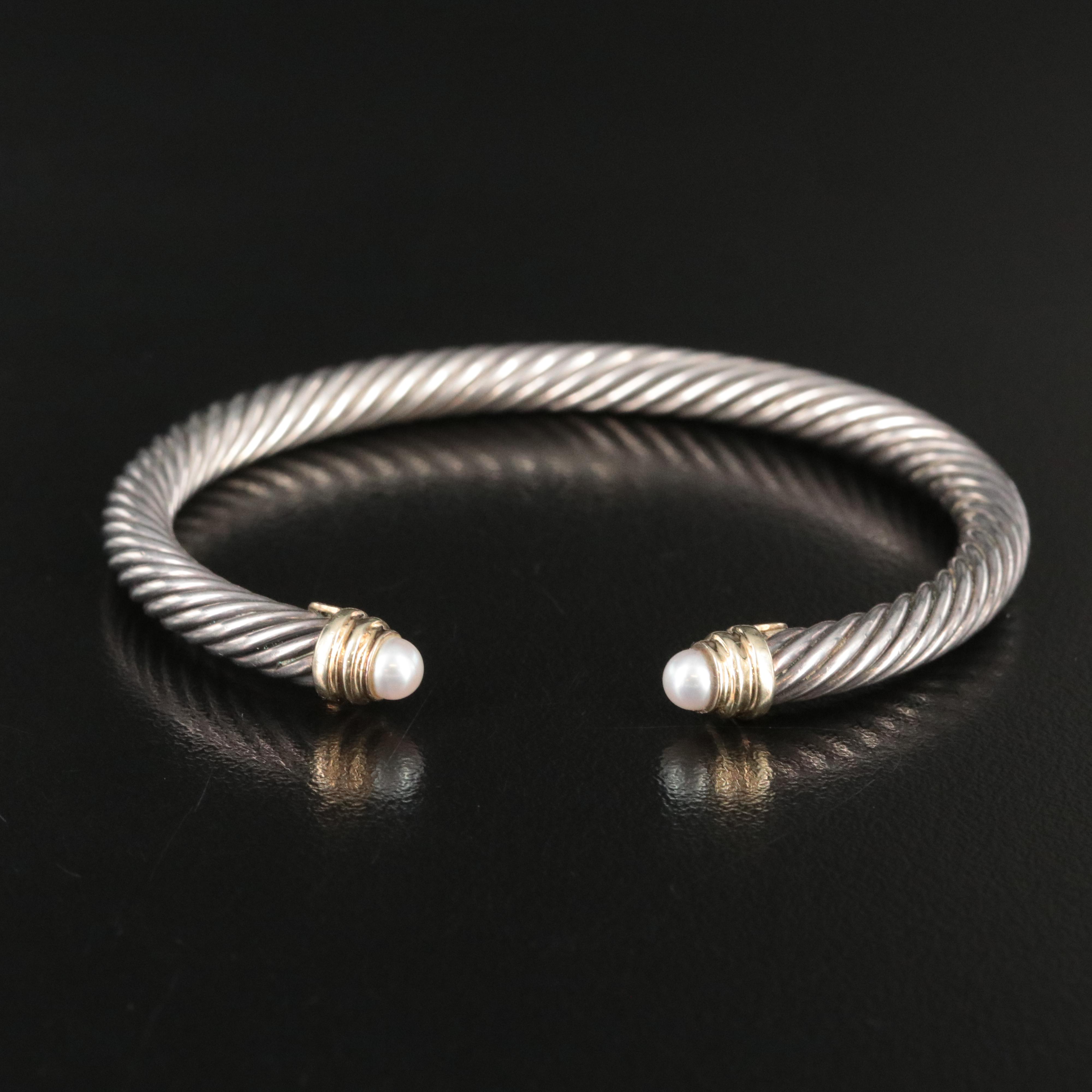 David Yurman Classic Cable Sterling, 14K and Pearl Cuff Bracelet