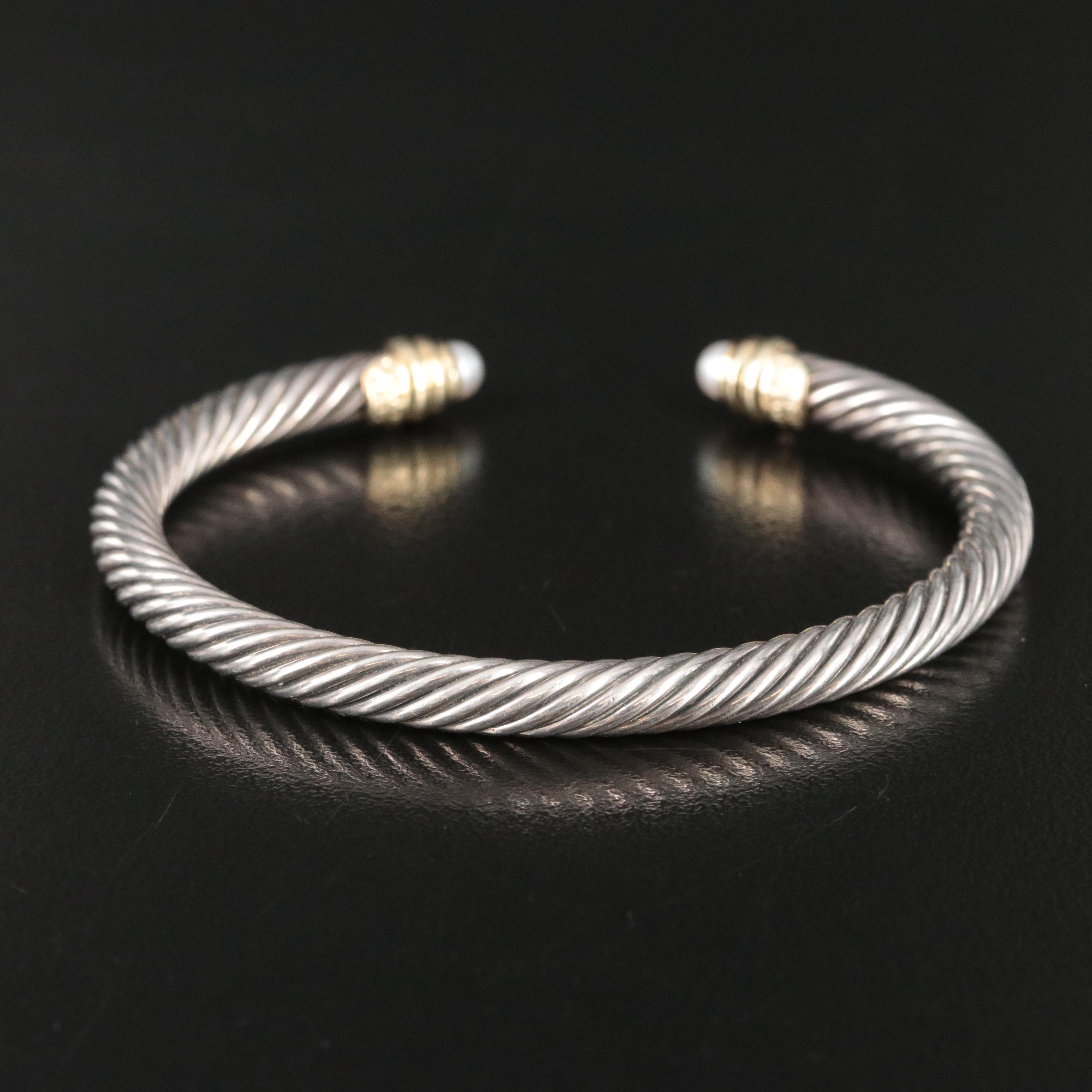 David Yurman Classic Cable Sterling, 14K and Pearl Cuff Bracelet