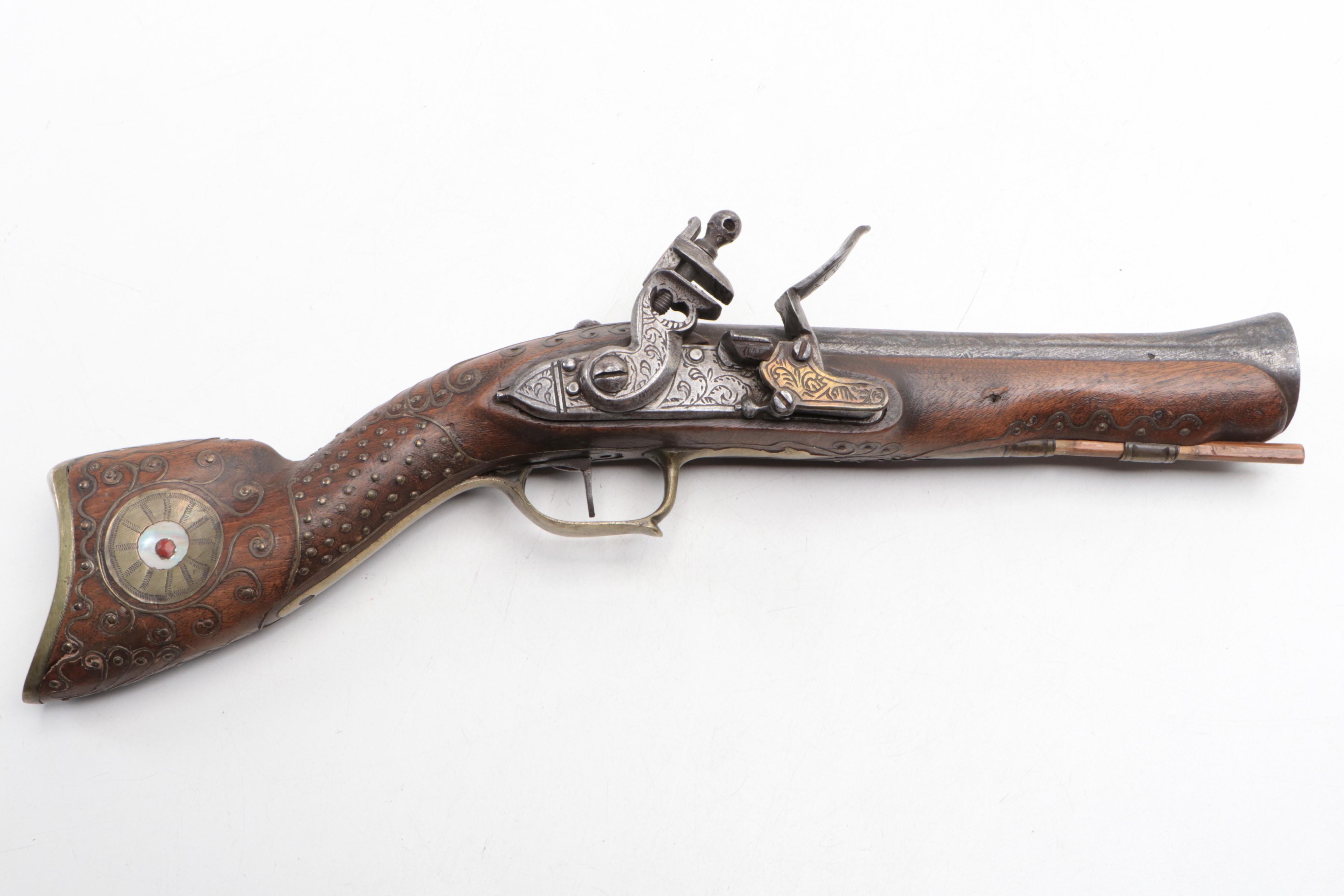 Ottoman Mother-of-Pearl and Brass Inlay Flintlock Blunderbuss Pistols