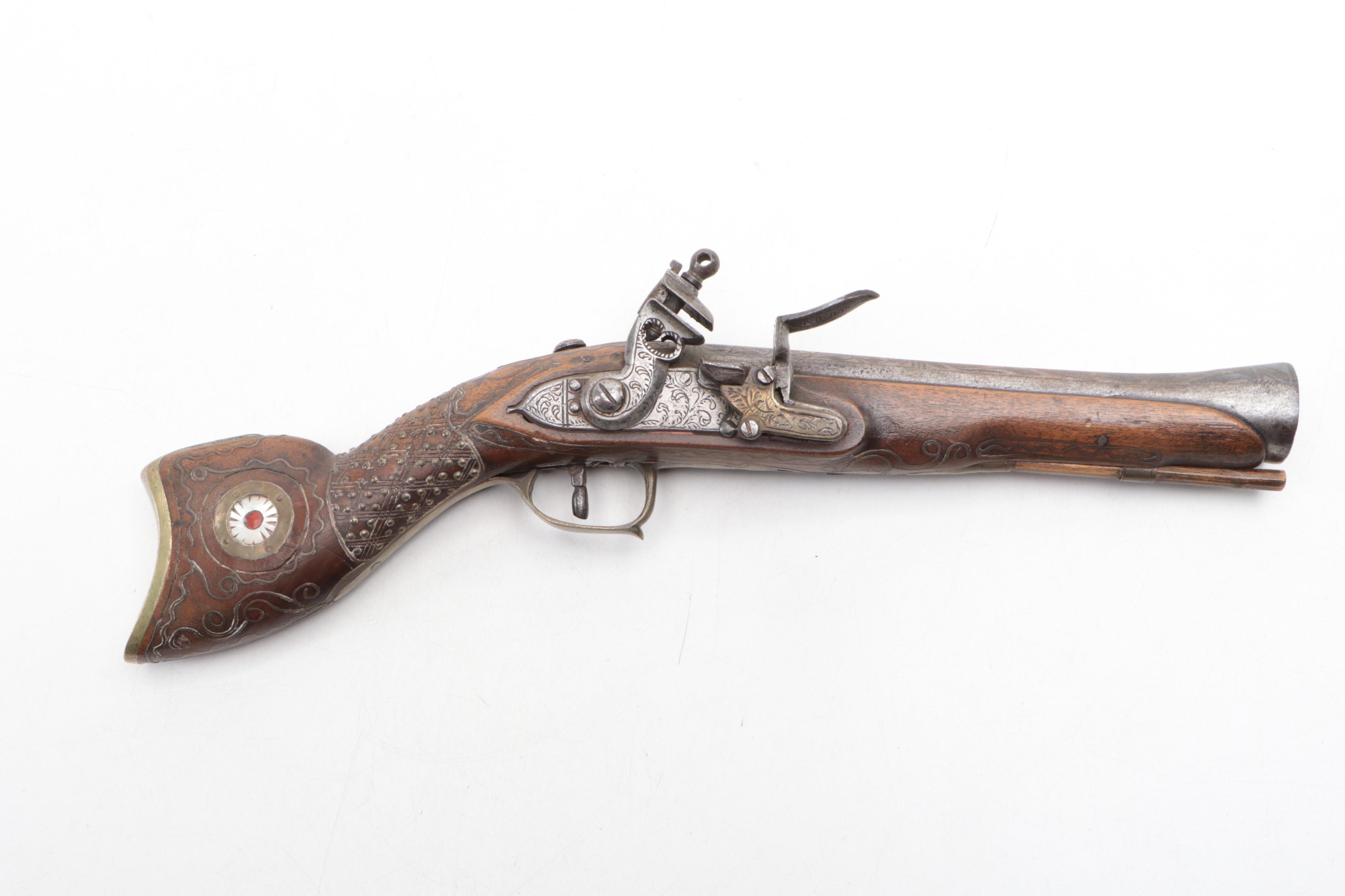 Ottoman Mother-of-Pearl and Brass Inlay Flintlock Blunderbuss Pistols