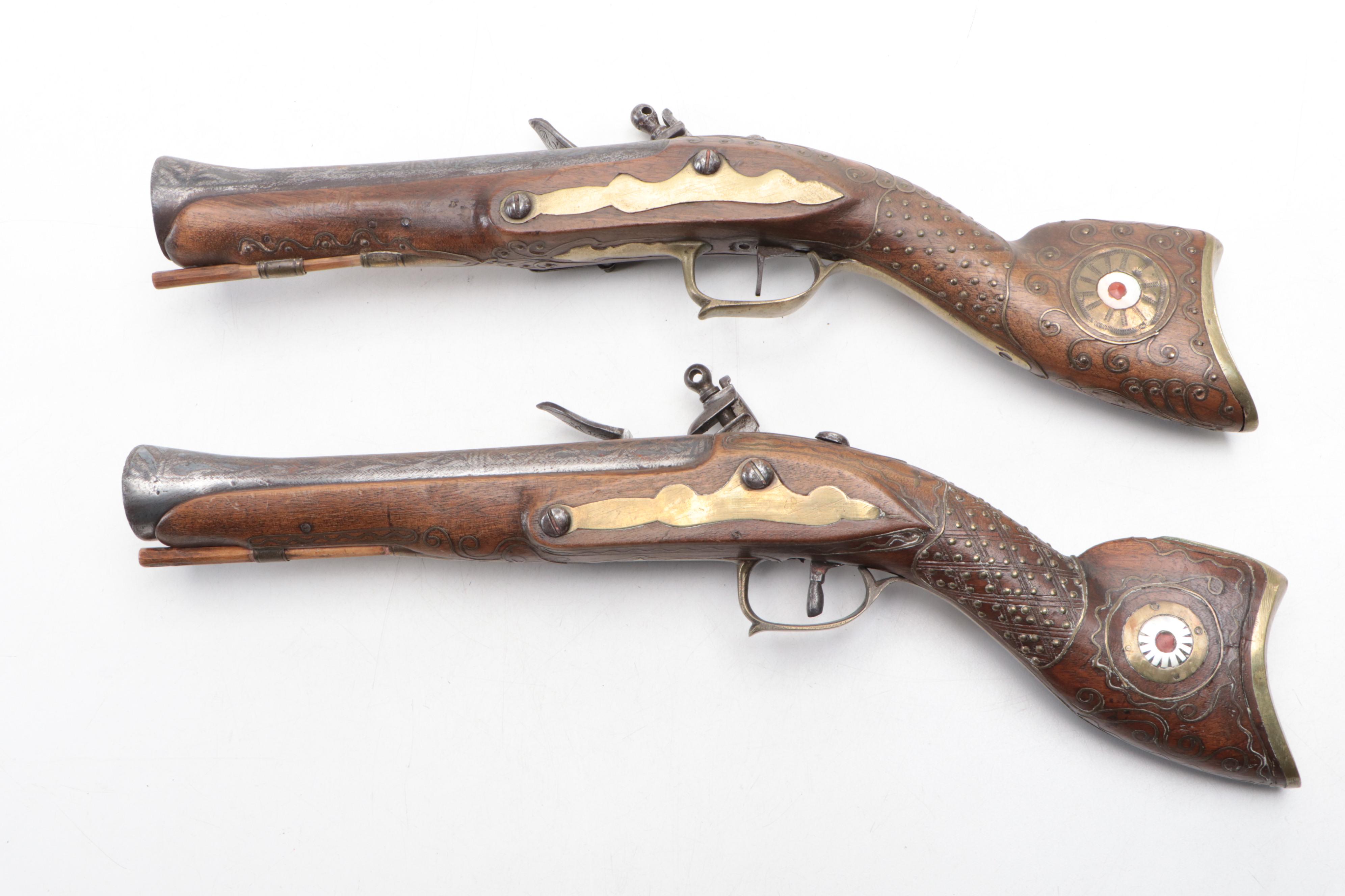 Ottoman Mother-of-Pearl and Brass Inlay Flintlock Blunderbuss Pistols