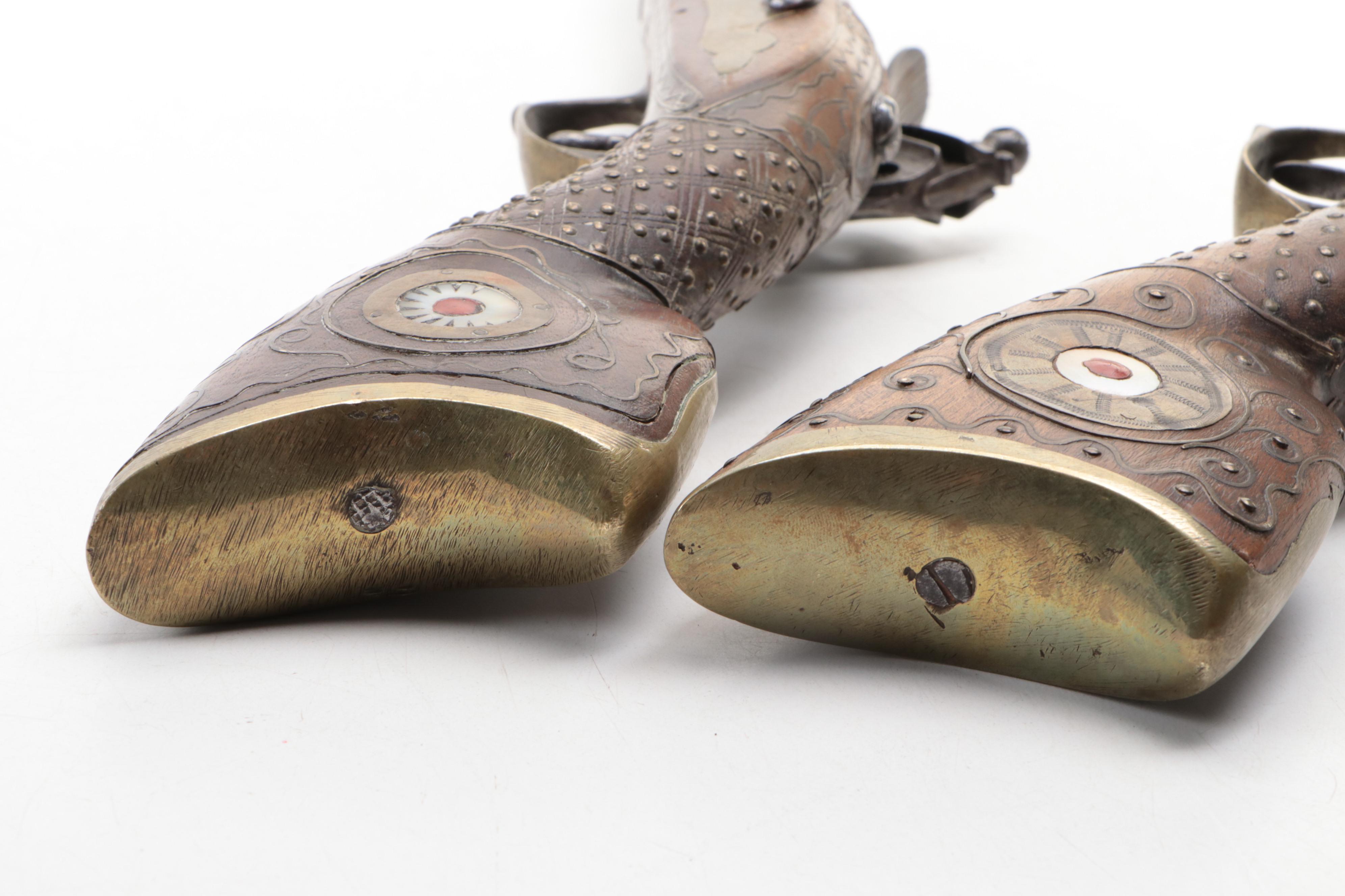 Ottoman Mother-of-Pearl and Brass Inlay Flintlock Blunderbuss Pistols