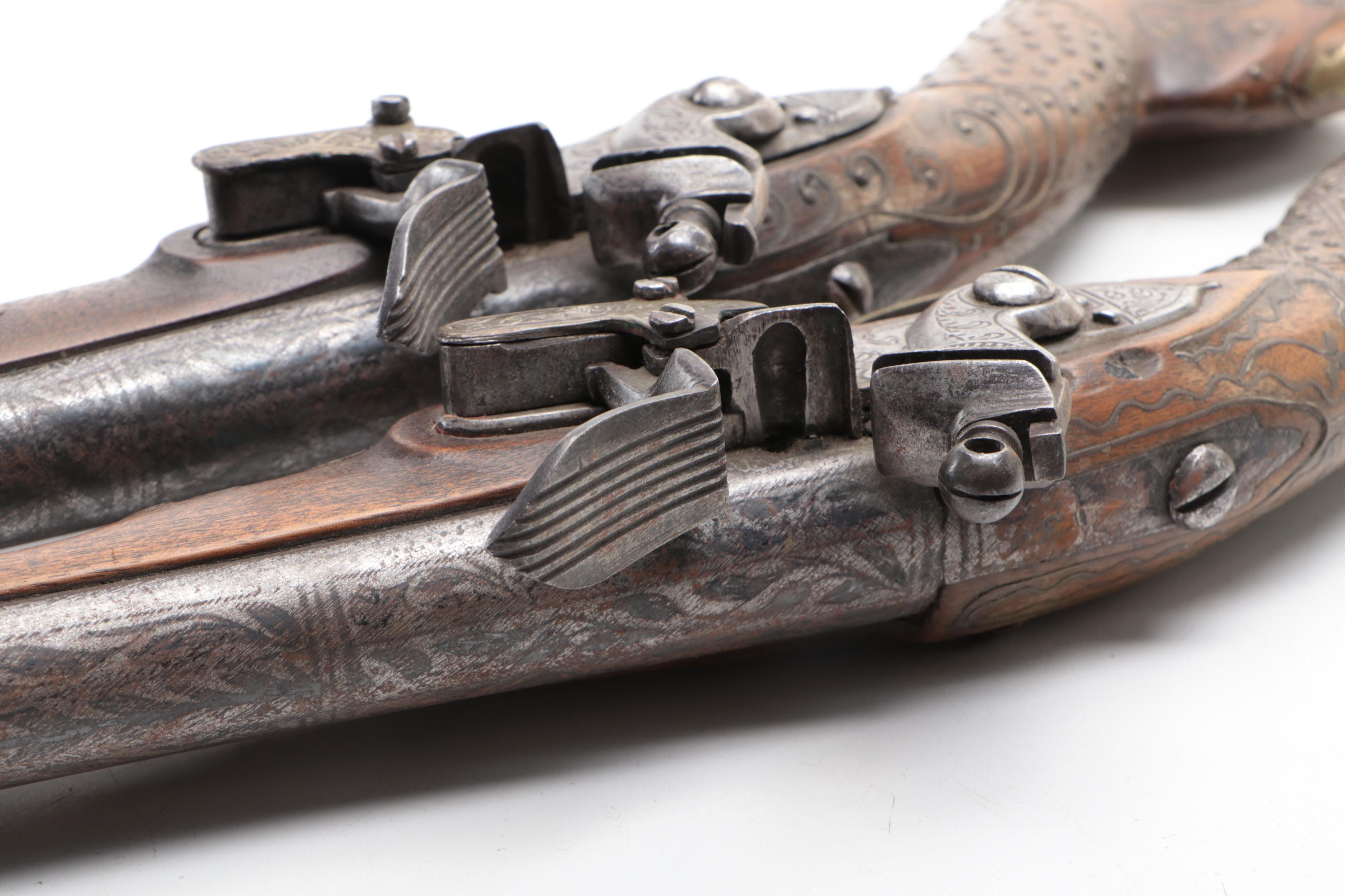 Ottoman Mother-of-Pearl and Brass Inlay Flintlock Blunderbuss Pistols