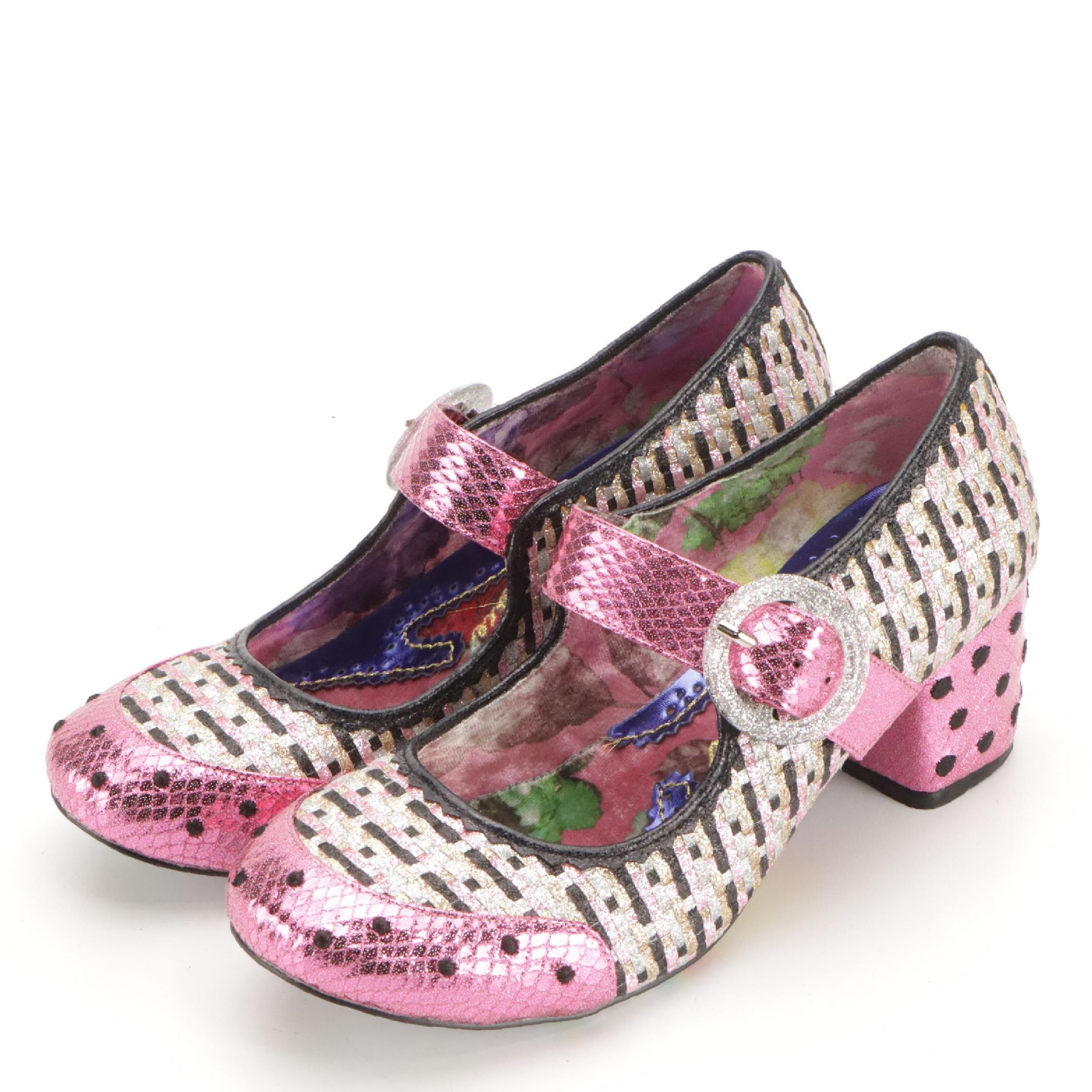 Irregular Choice "Buckle Up" Multicolor Pink Glitter Embellished Mary Janes