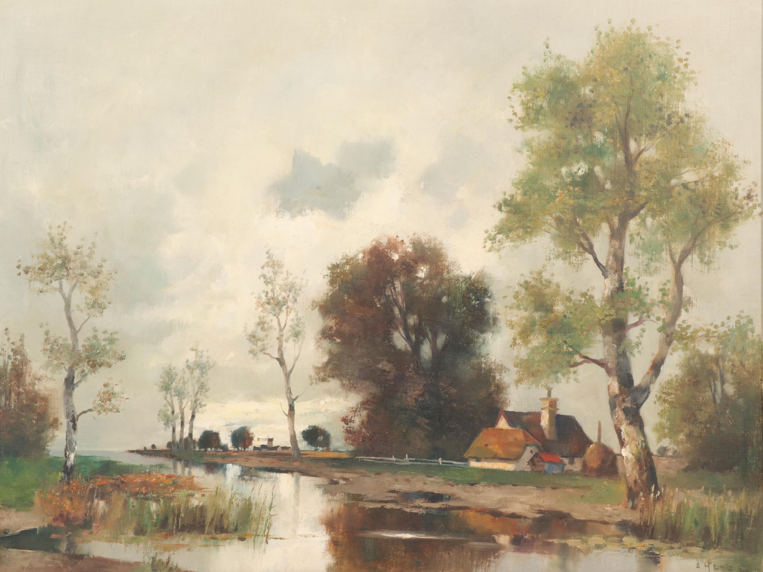 Dutch Pastoral Landscape Oil Painting Attributed to Abraham Herbe, Early 20th C.