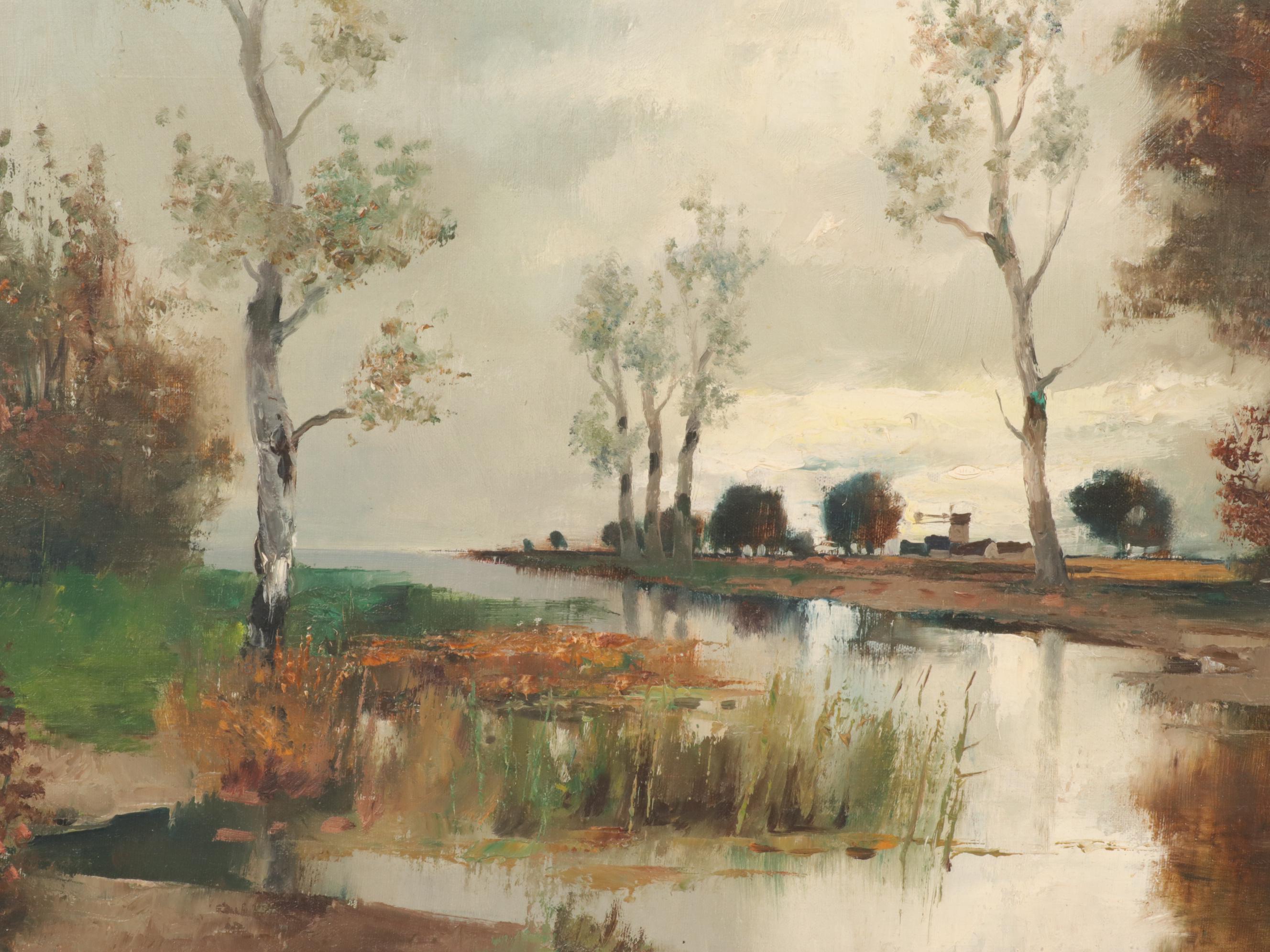 Dutch Pastoral Landscape Oil Painting Attributed to Abraham Herbe, Early 20th C.