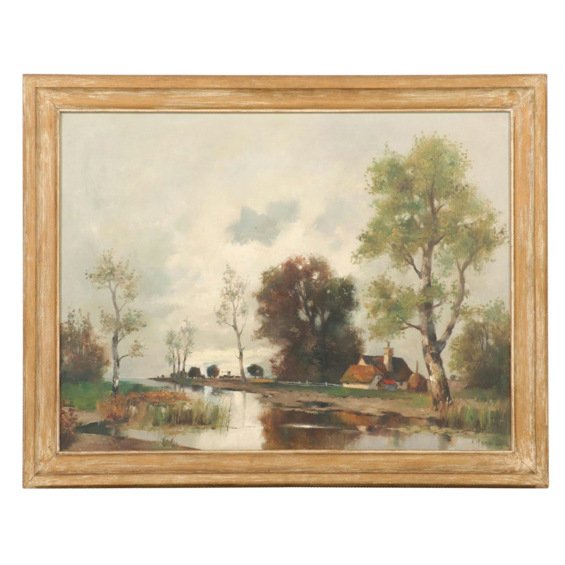 Dutch Pastoral Landscape Oil Painting Attributed to Abraham Herbe, Early 20th C.