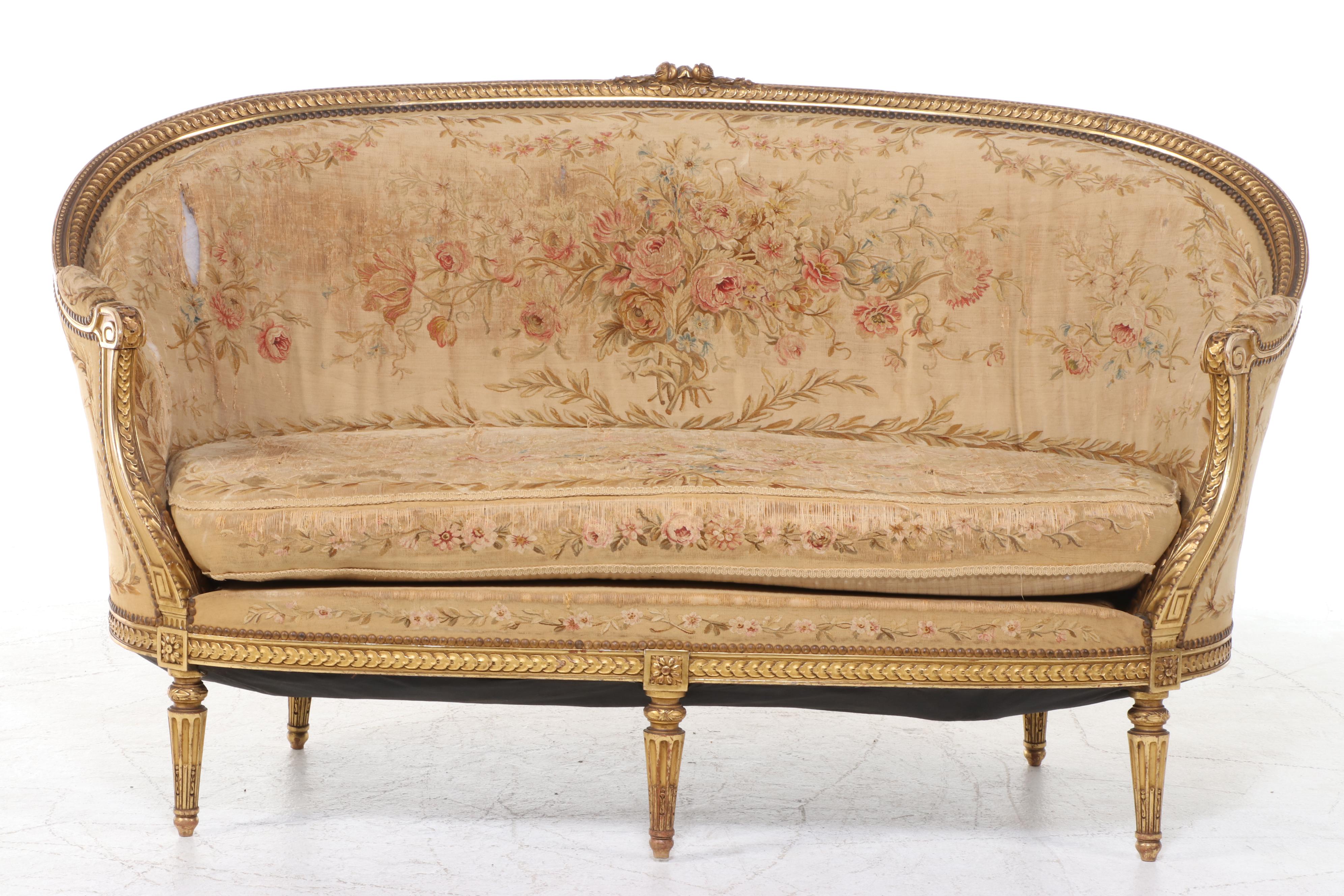 Armand Bardié Louis XVI Style Giltwood and Aubusson Tapestry Settee