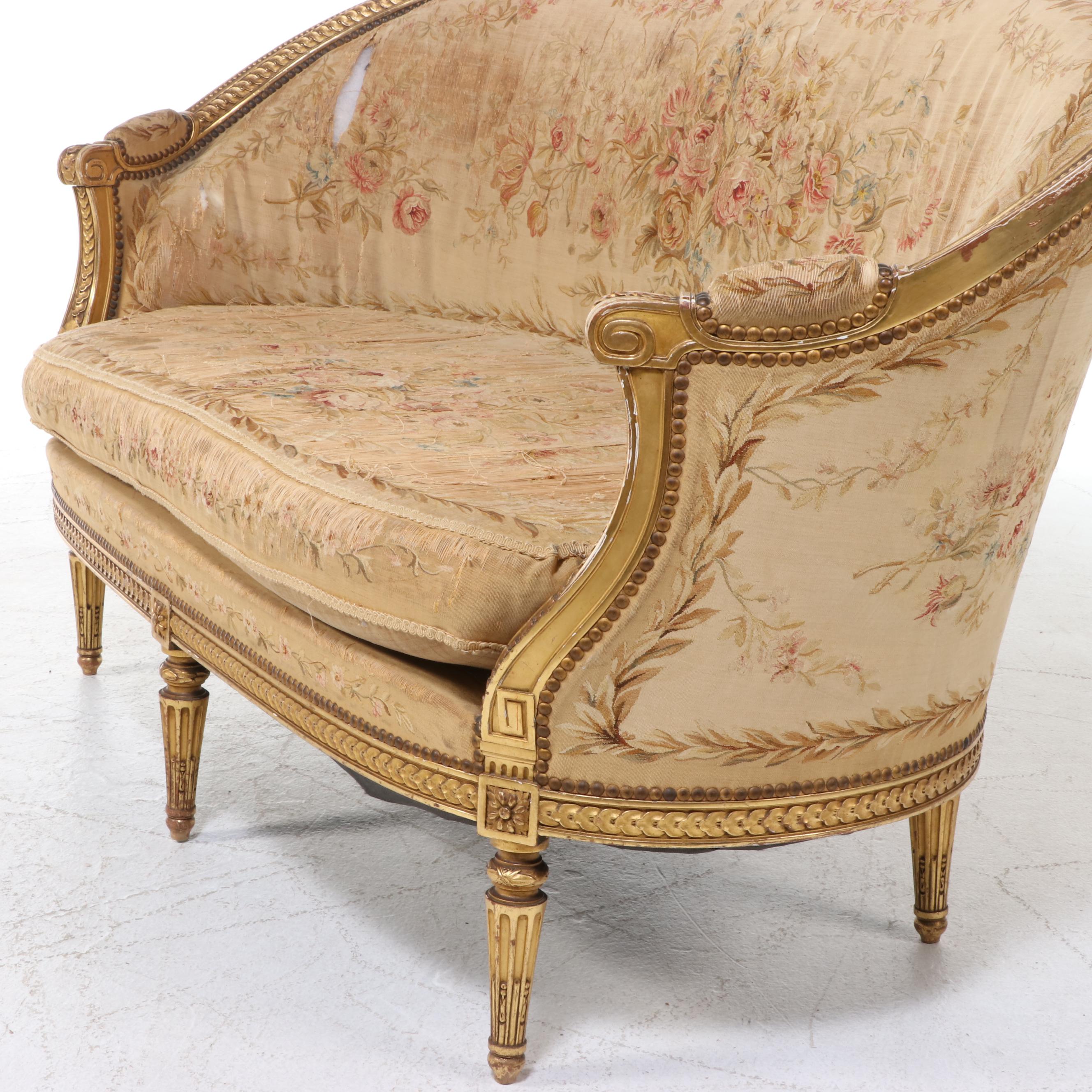 Armand Bardié Louis XVI Style Giltwood and Aubusson Tapestry Settee