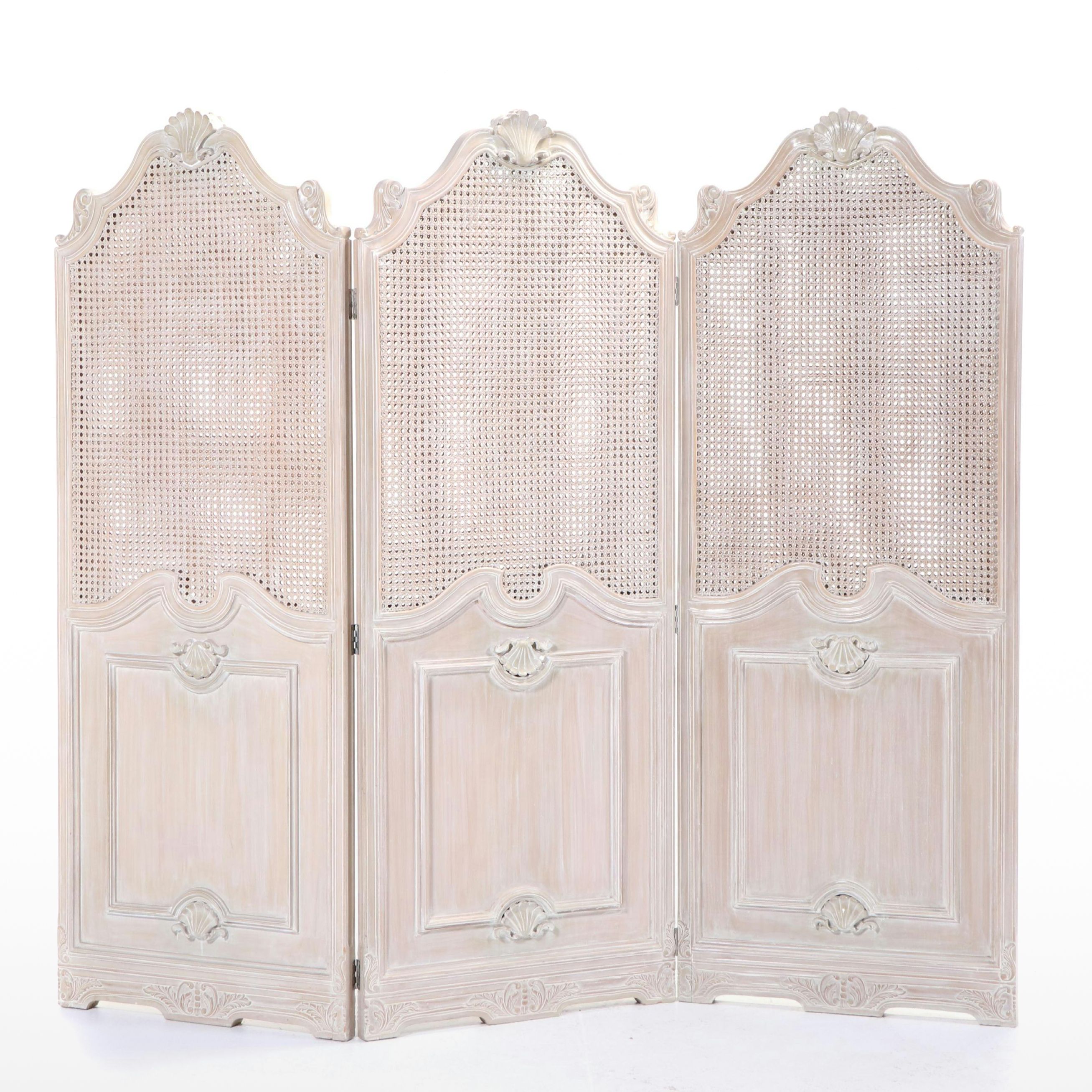 French Provincial Style Whitewashed Wood and Cane ThreePanel Room