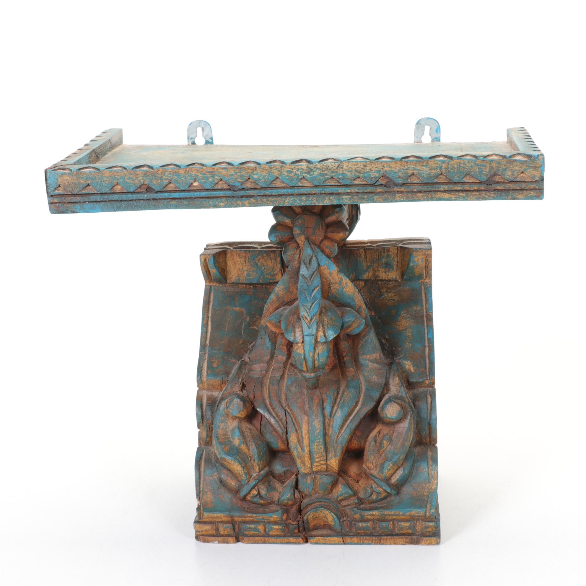 Carved Solid Wood Shelf with Painted Patina Finish