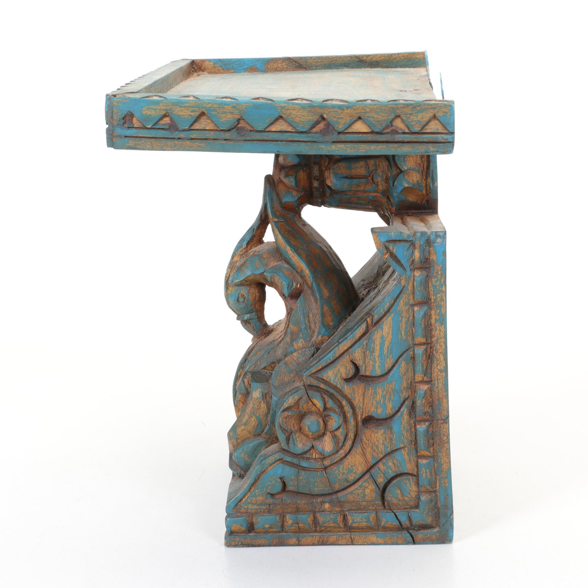 Carved Solid Wood Shelf with Painted Patina Finish