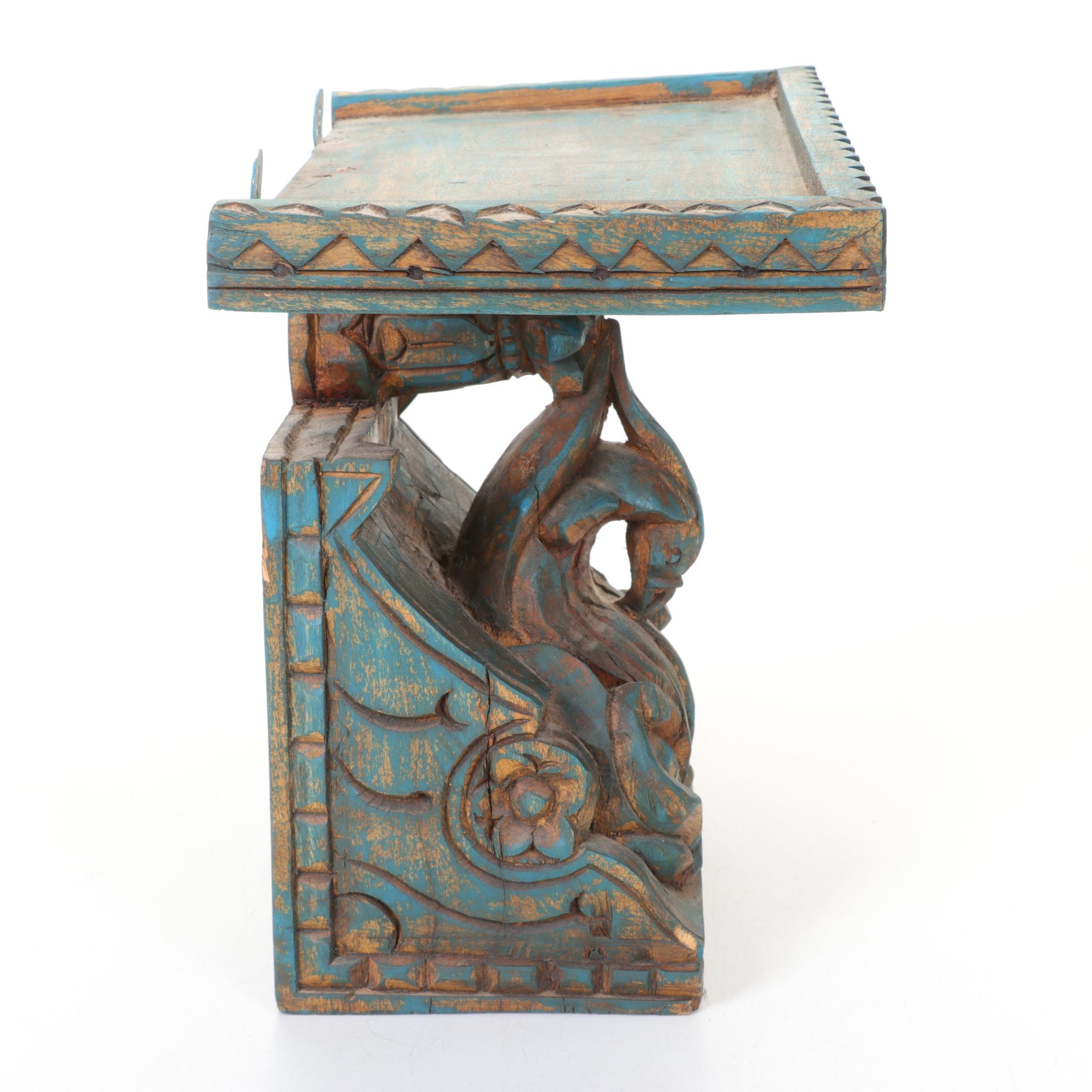 Carved Solid Wood Shelf with Painted Patina Finish