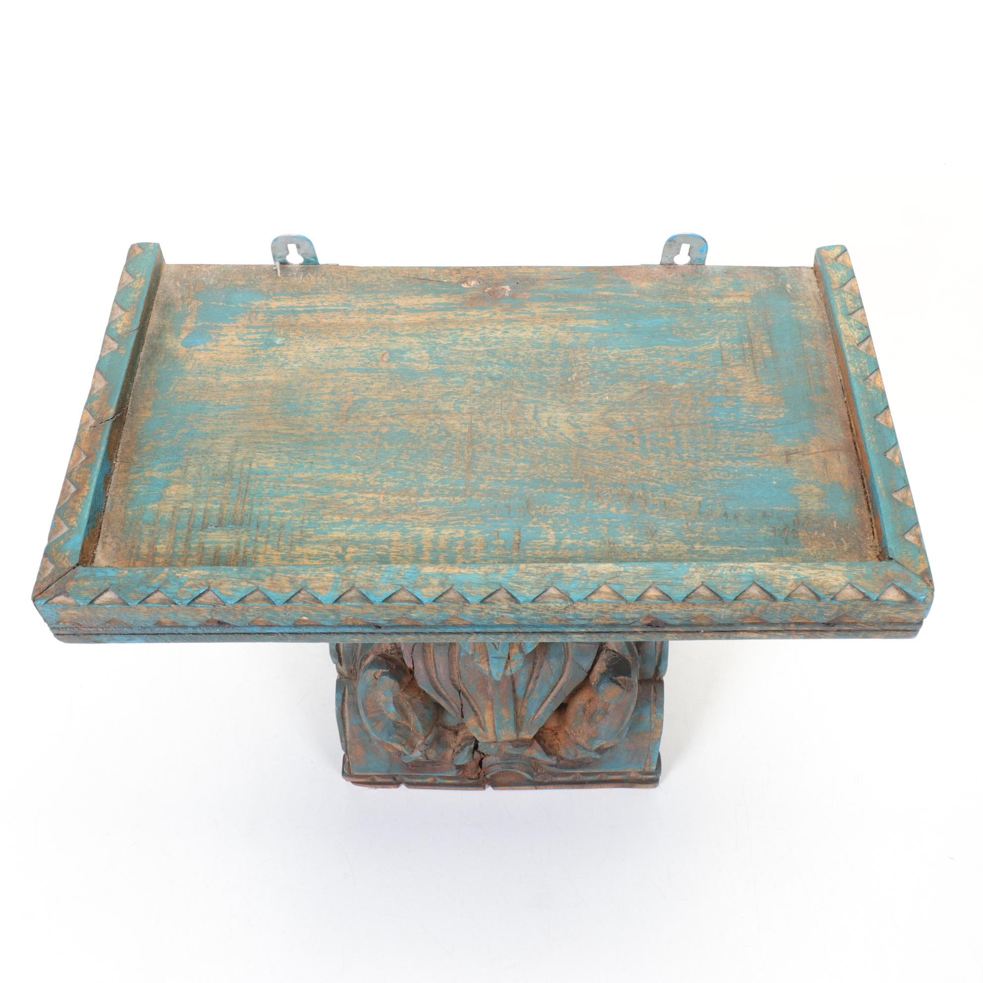 Carved Solid Wood Shelf with Painted Patina Finish
