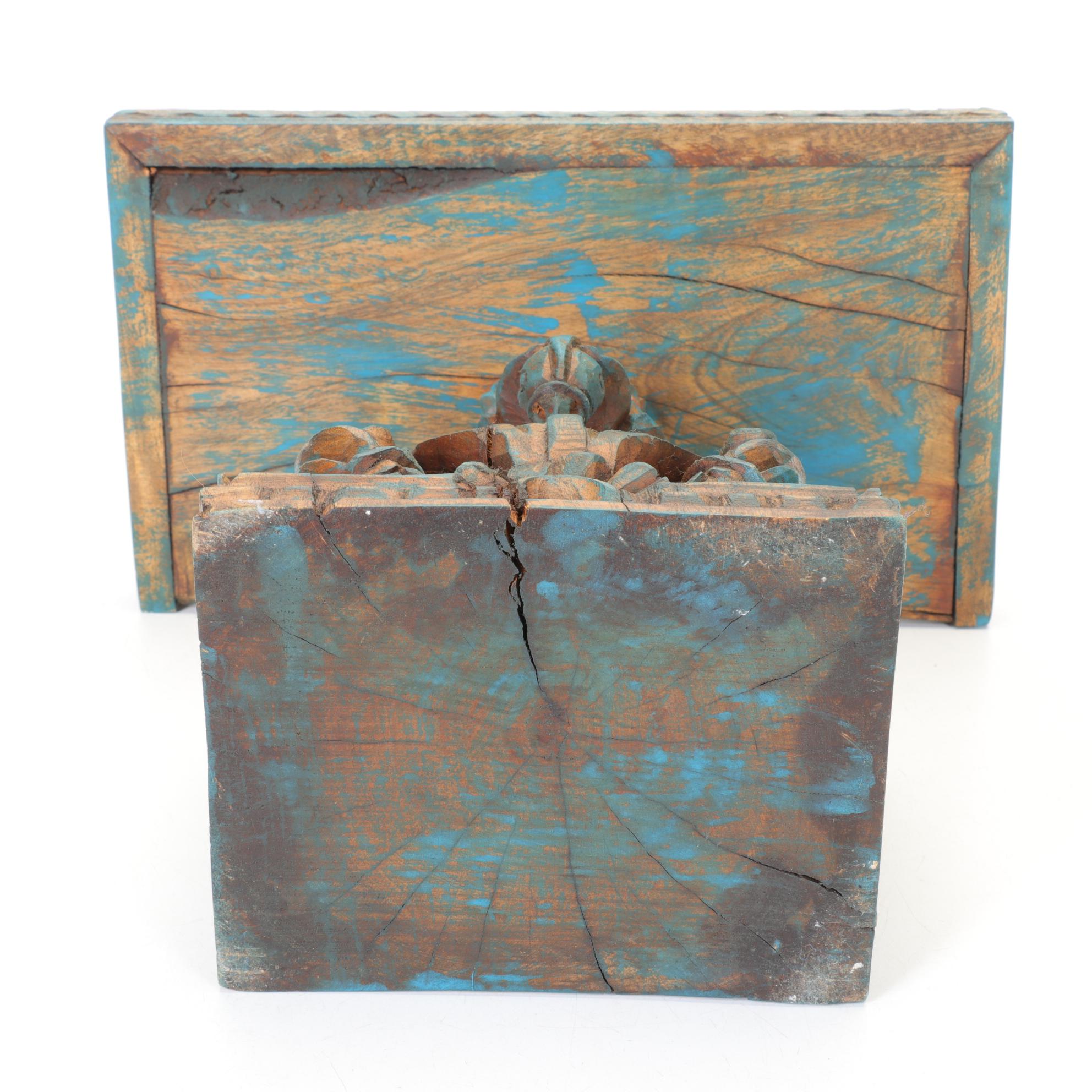 Carved Solid Wood Shelf with Painted Patina Finish