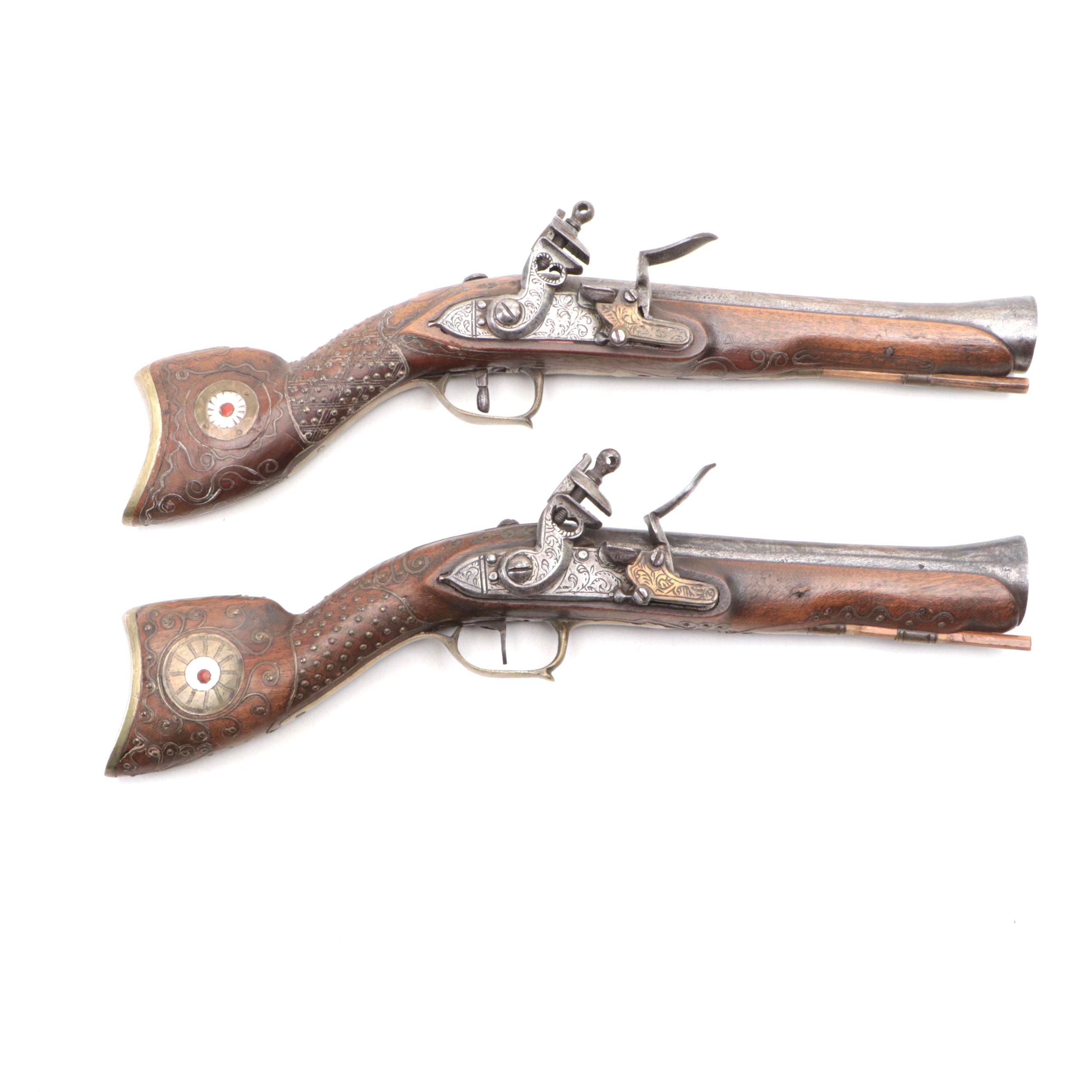 Ottoman Mother-of-Pearl and Brass Inlay Flintlock Blunderbuss Pistols