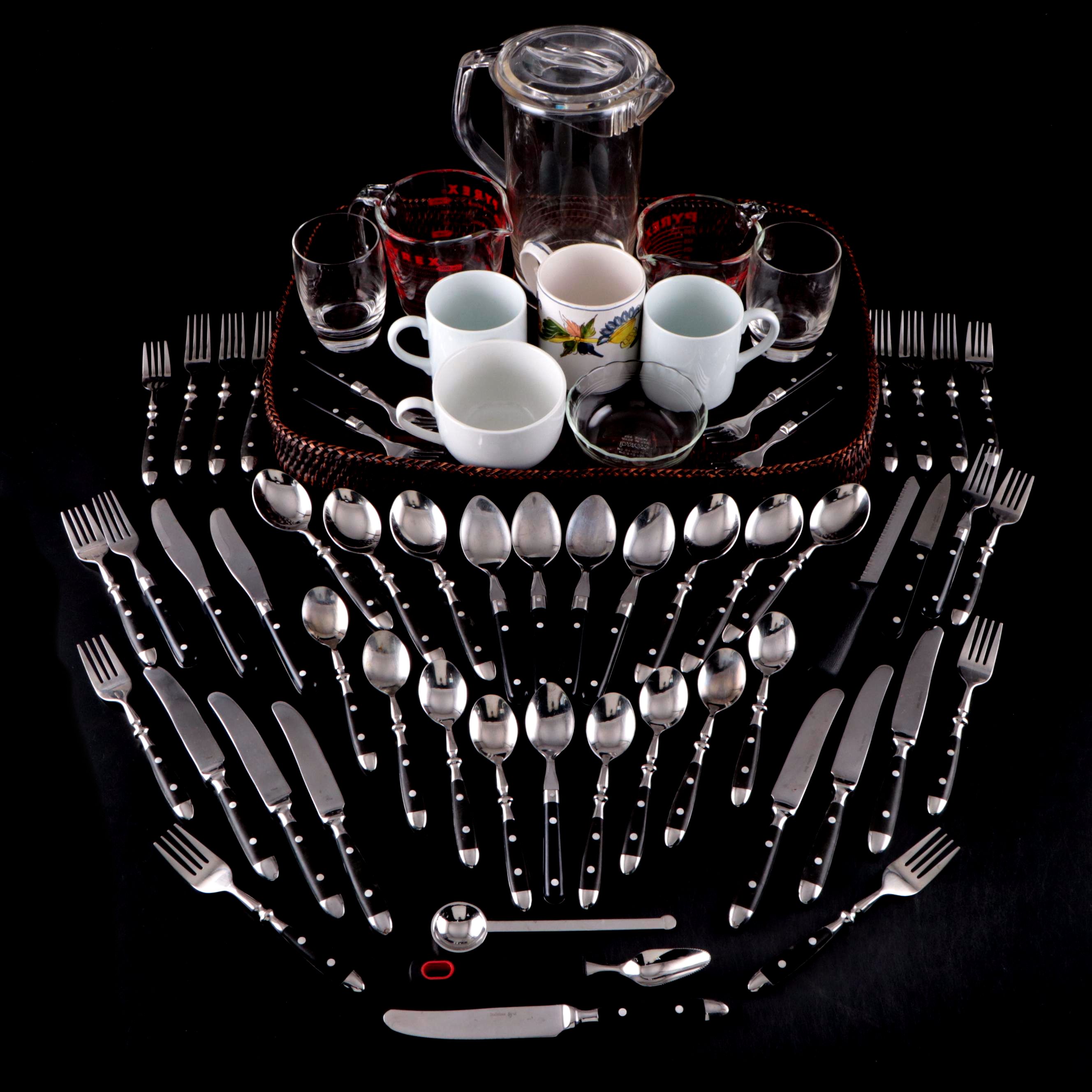 Pyrex Glass Measuring Cups with Stainless Steel Utensils and Table Accessories