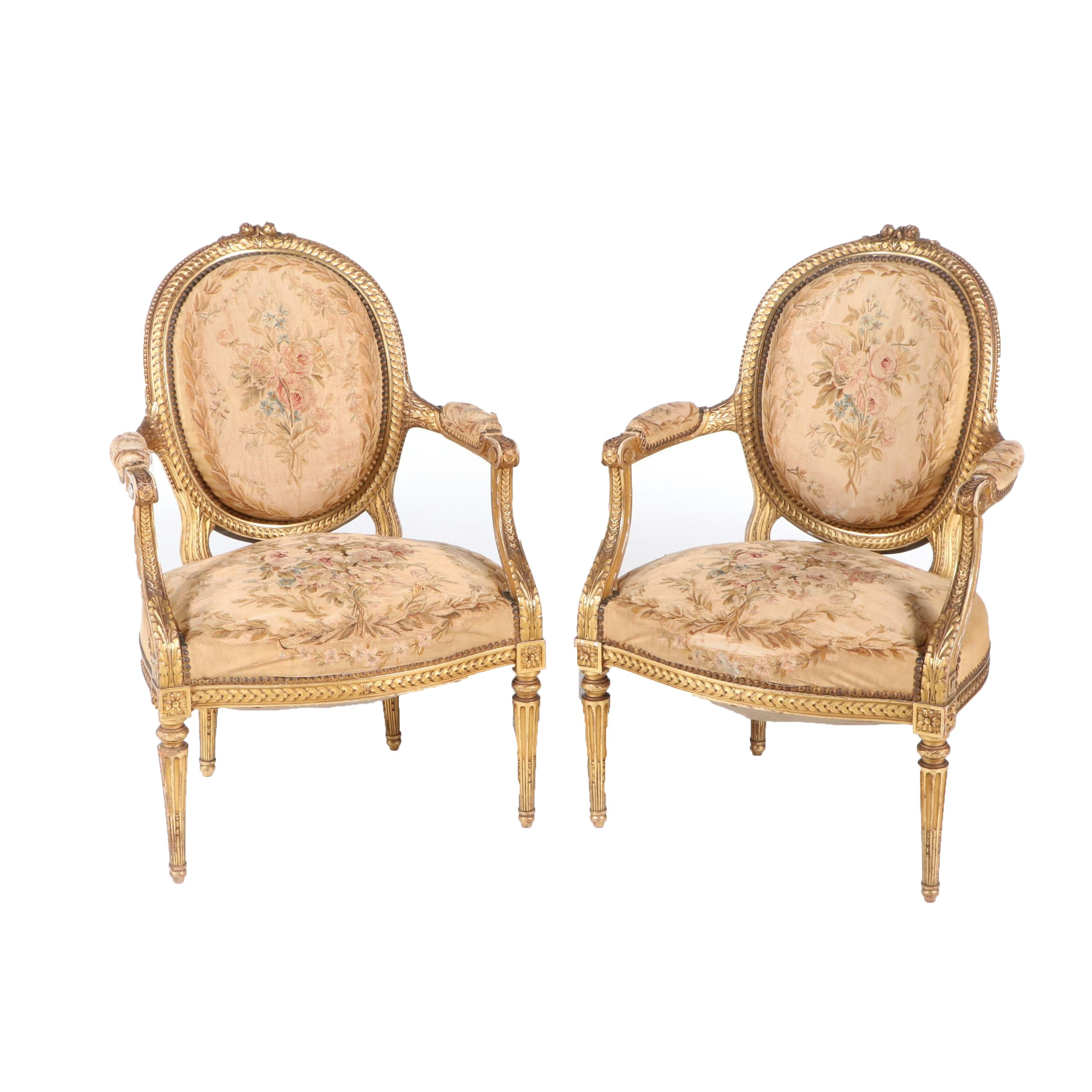 Pair of Armand Bardié Louis XVI Style Giltwood and Aubusson Tapestry Fauteuils