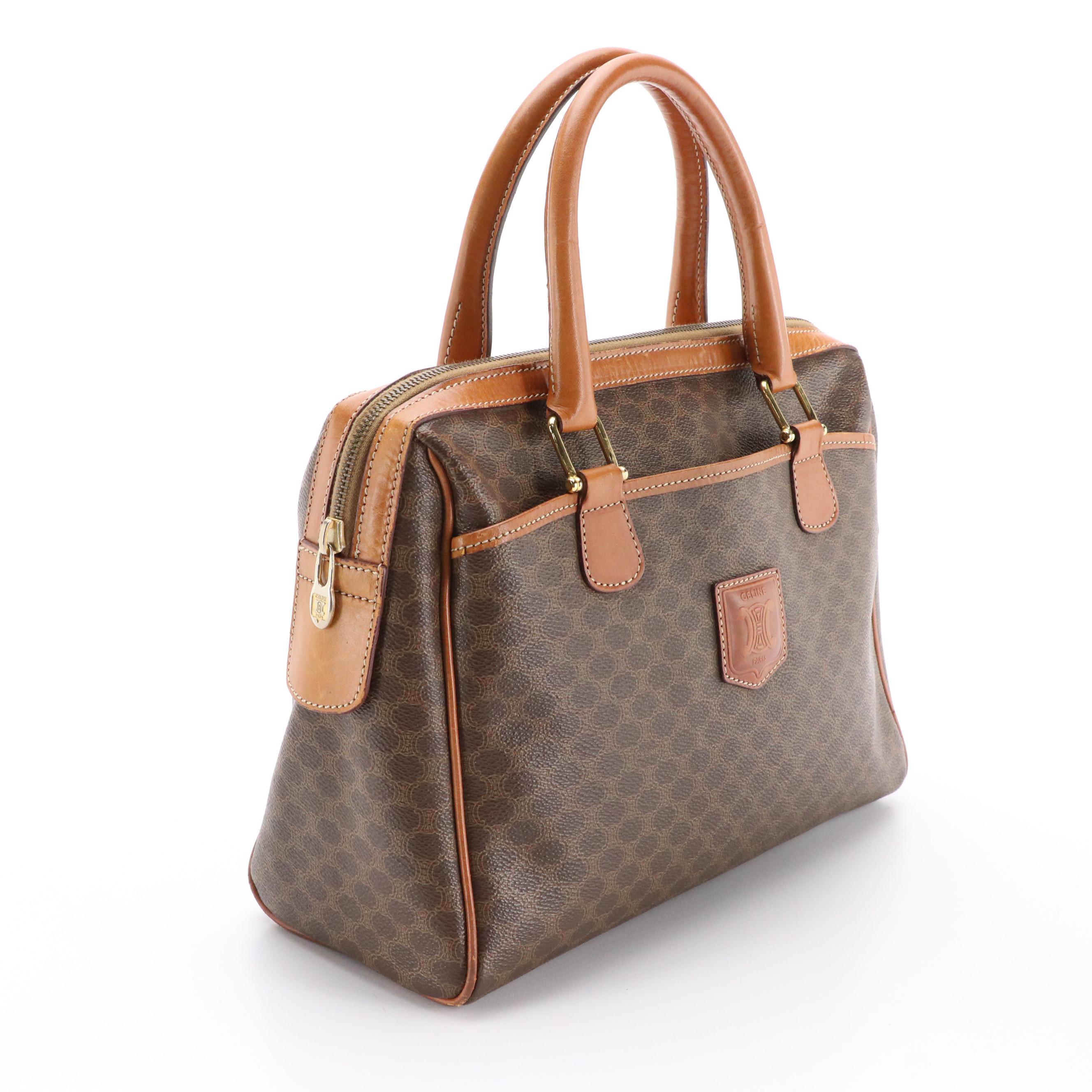 Celine Boston Bag in Brown Macadam Canvas and Leather