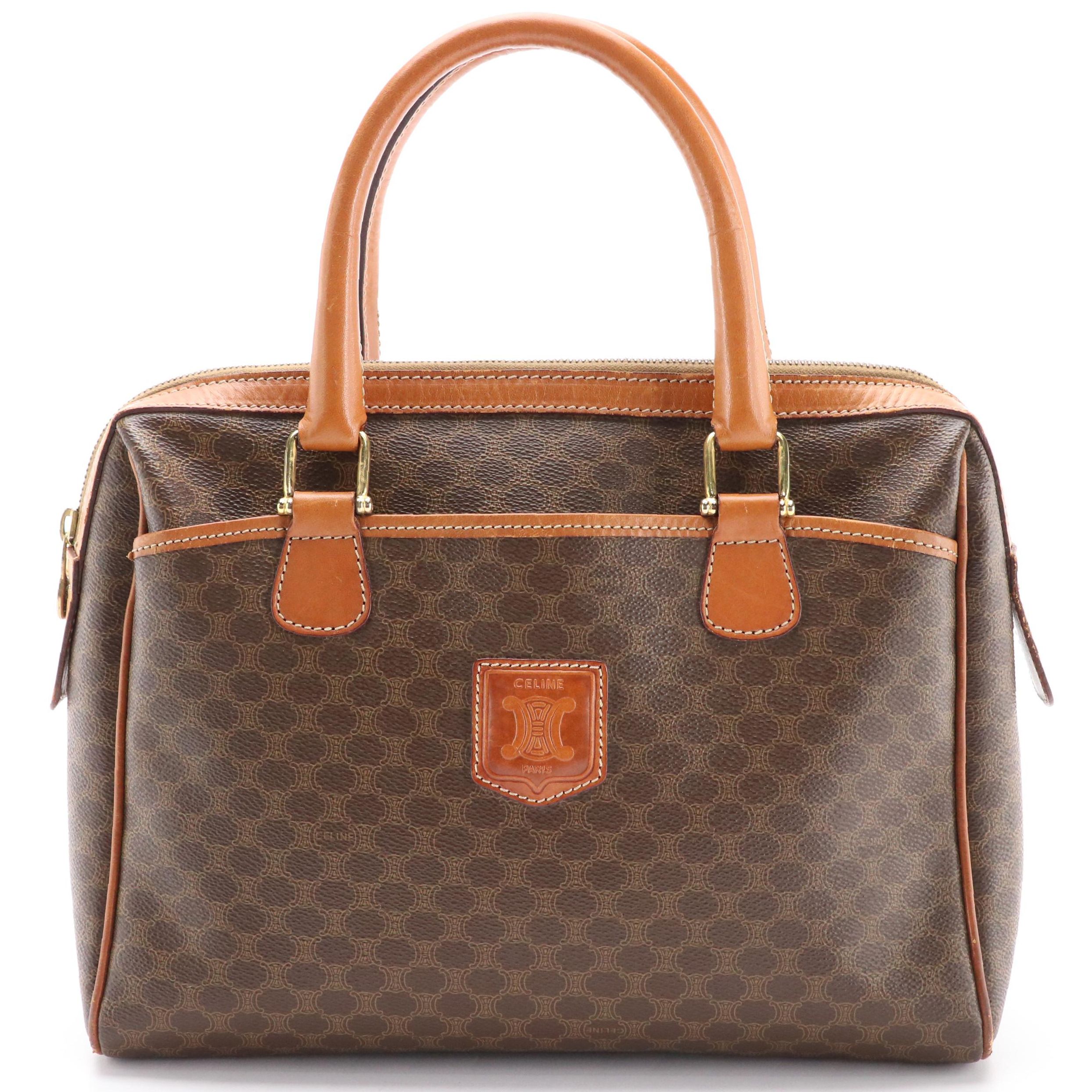 Celine Boston Bag in Brown Macadam Canvas and Leather