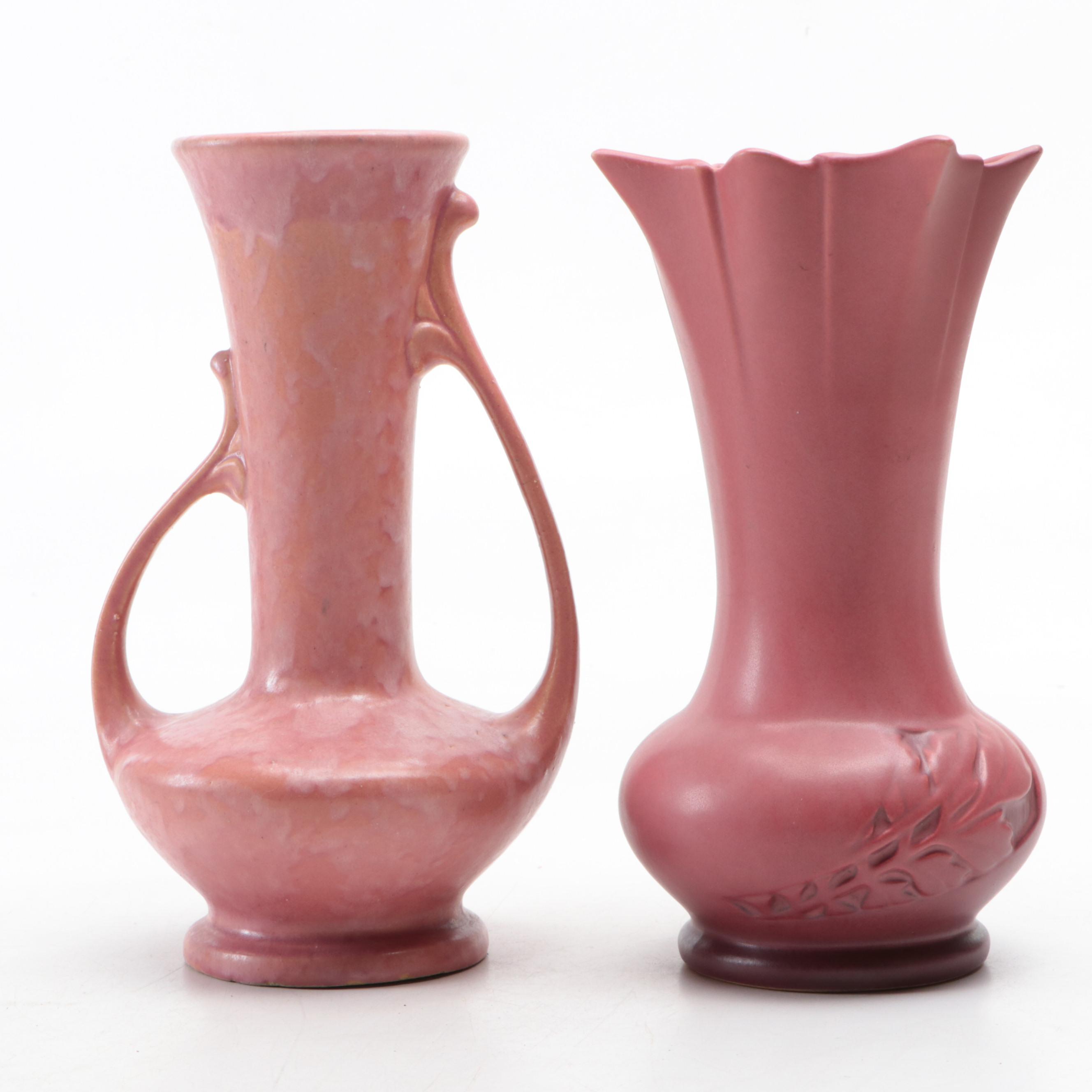 McCoy Pottery Double Tulip Vase with Roseville and Other Pink Glazed Vases