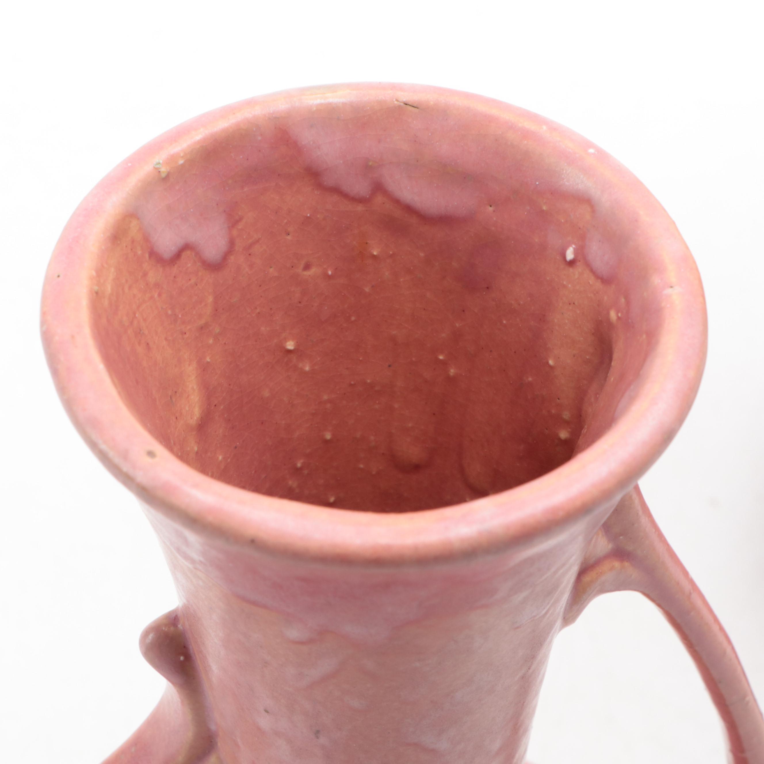 McCoy Pottery Double Tulip Vase with Roseville and Other Pink Glazed Vases