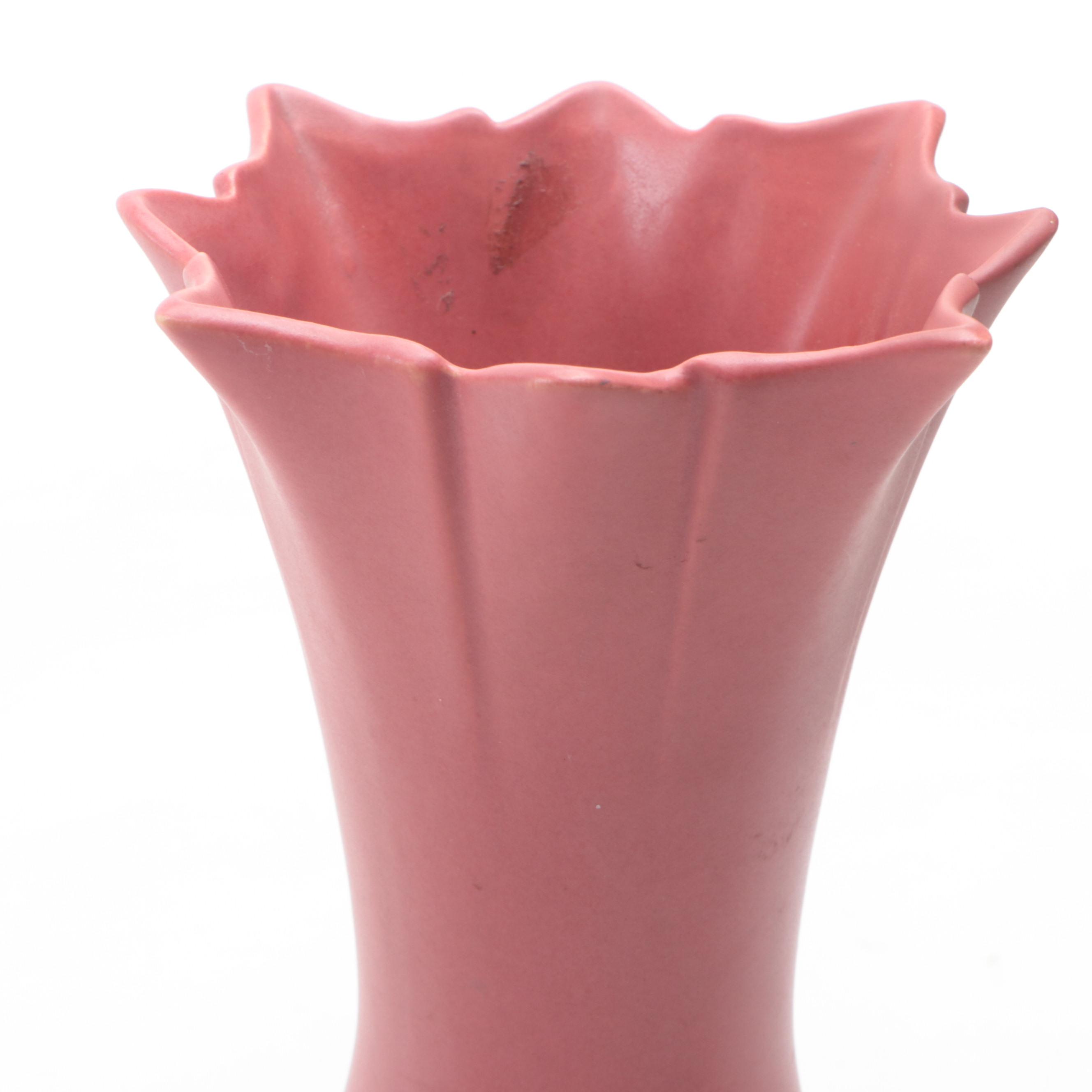McCoy Pottery Double Tulip Vase with Roseville and Other Pink Glazed Vases