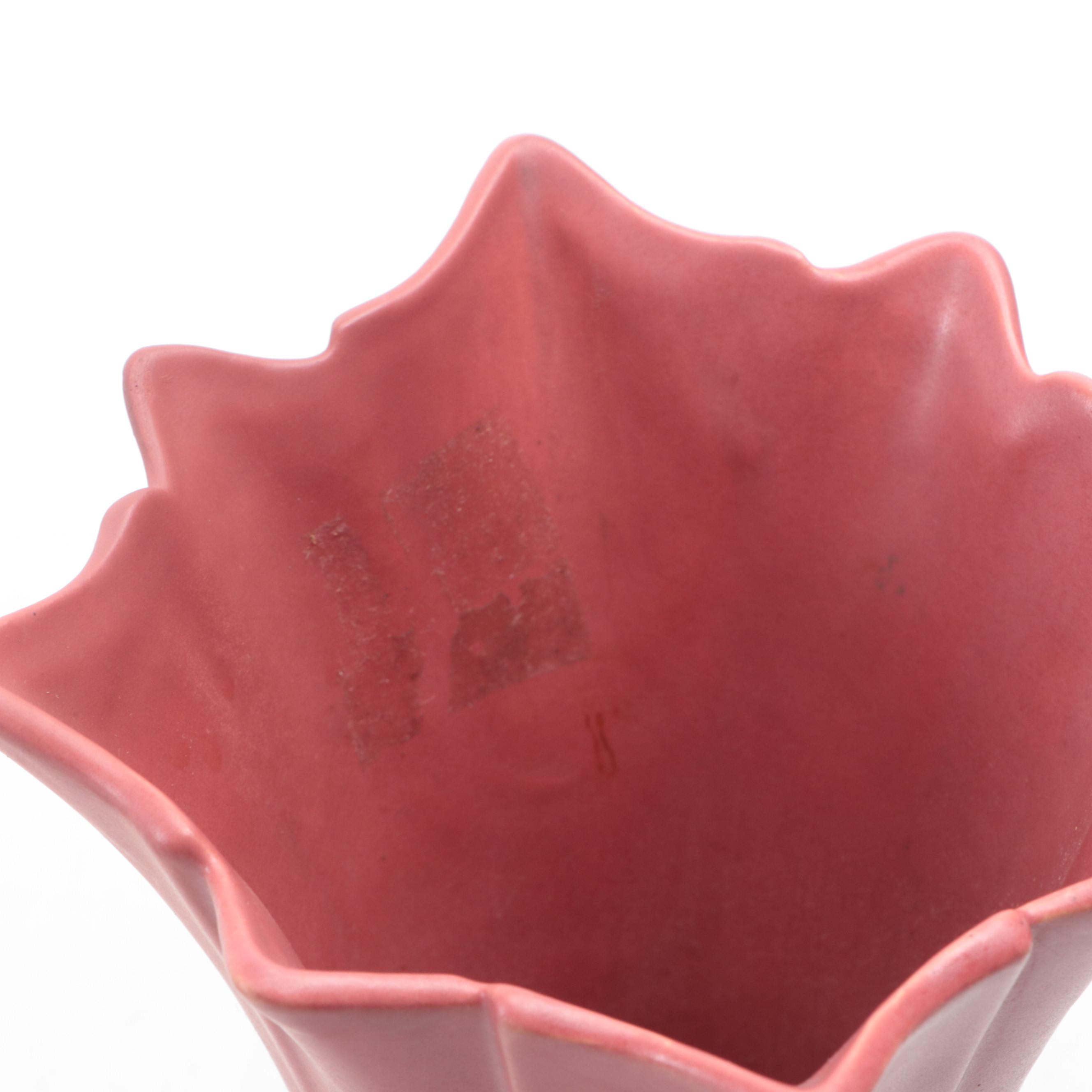 McCoy Pottery Double Tulip Vase with Roseville and Other Pink Glazed Vases